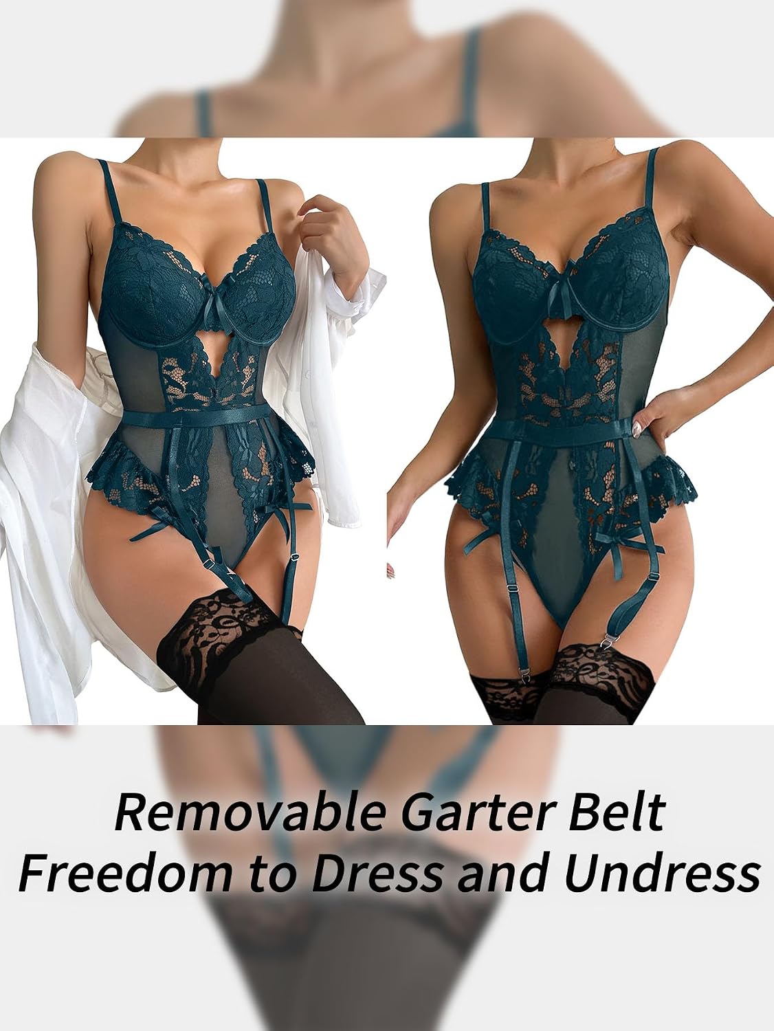 Lilosy Sexy Stocking Lace Mesh Bodysuit Top Underwire Garter Lingerie Set 3 Piece