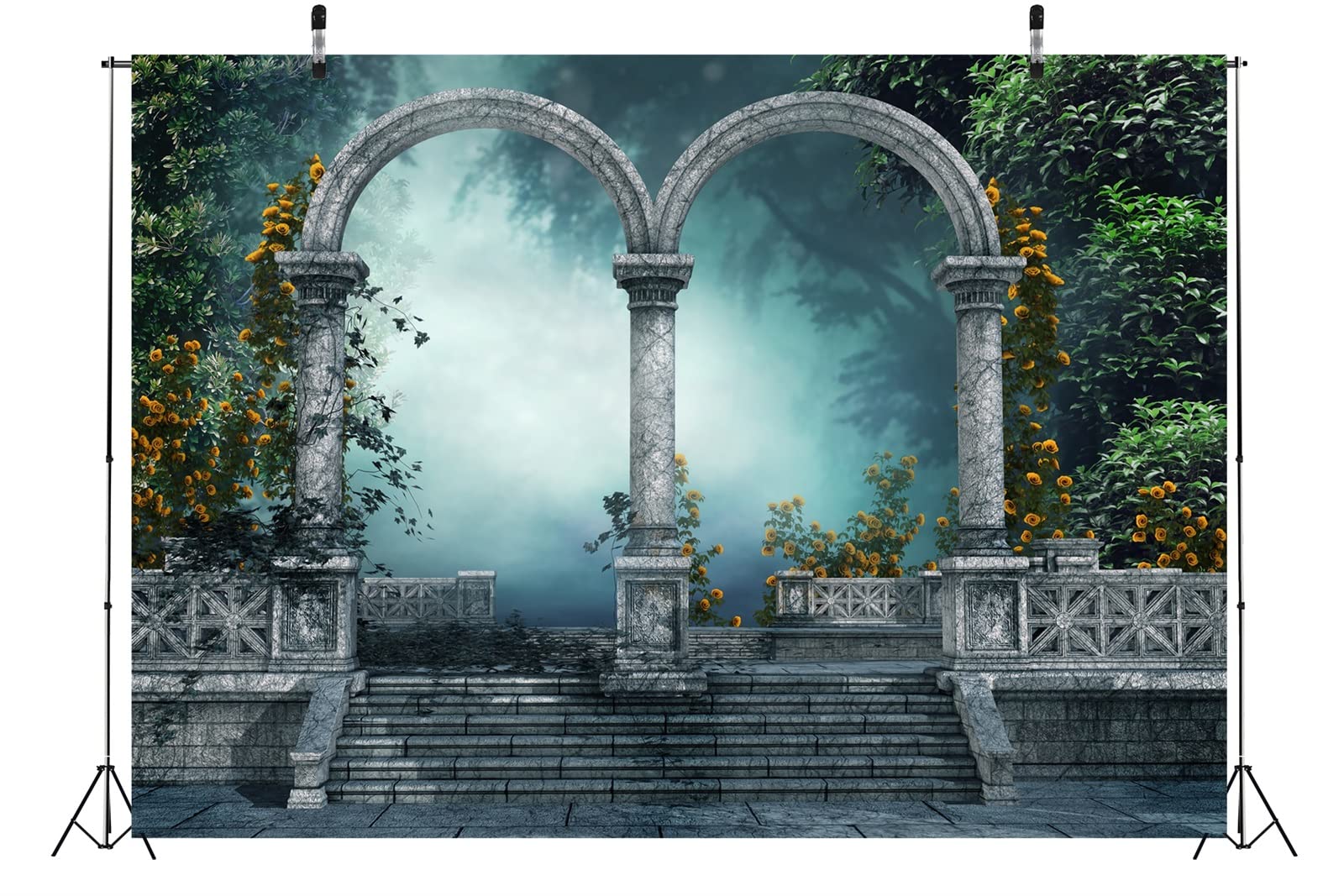 BELECO 7x5ft Fabric Vintage Palace Garden Backdrop Gothic Backdrop Castle Ruins Column Pillars Arch Stairs Foggy Forest Fantasy Background Mediaeval Party Decorations Girls Portrait Photo Props: 10x6.5FT A10167
