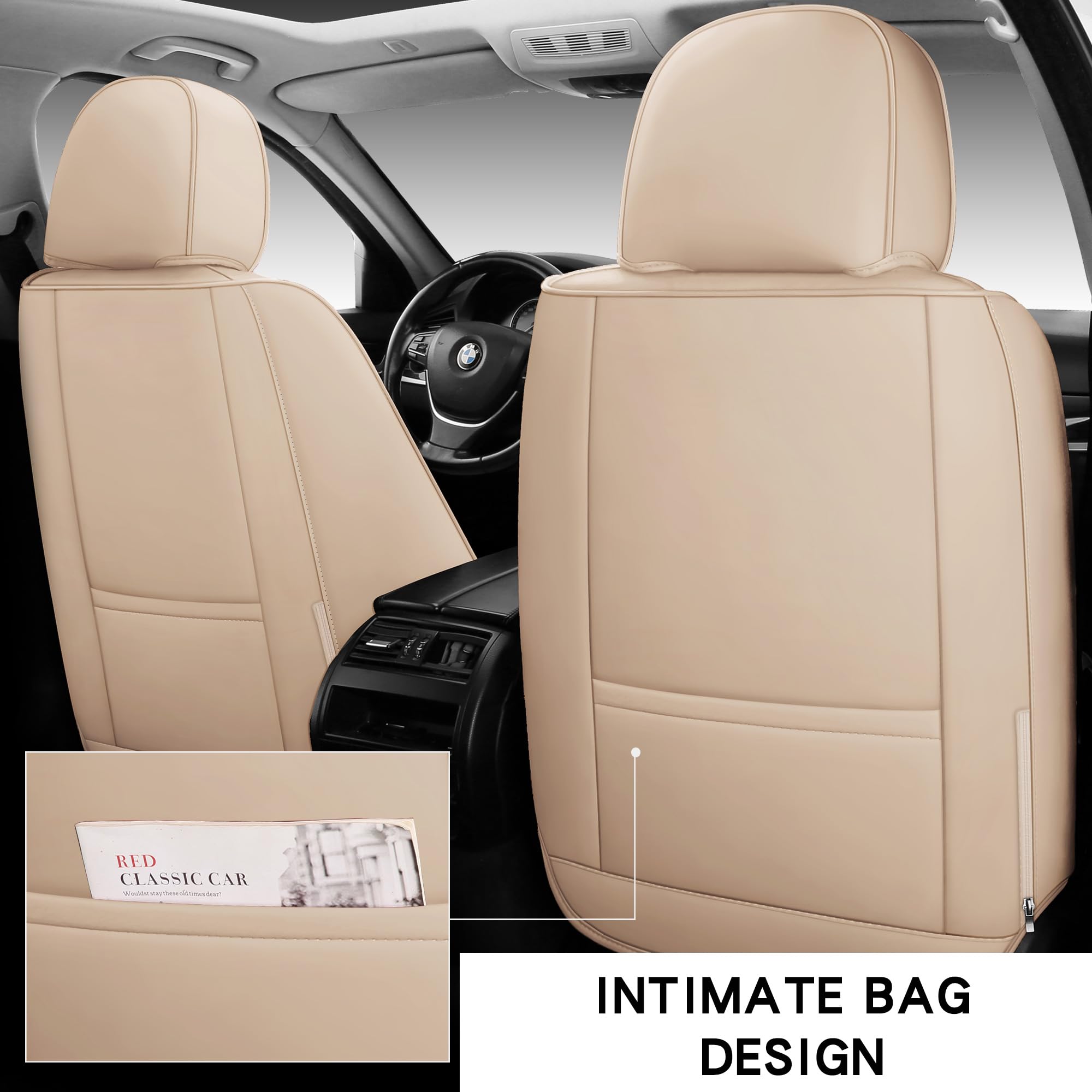 BABYBLU Coprisedili per auto in finta pelle, copertura completa, universali, adatti per auto, SUV, pick-up con similpelle impermeabile, accessori interni (set completo, beige)