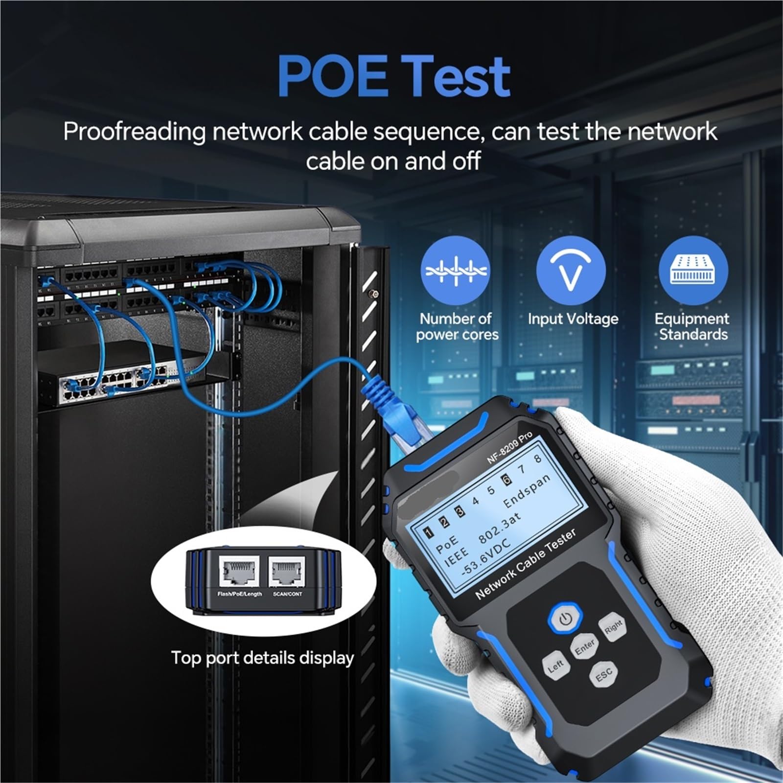 Tester for cavi di rete, tracciamento Cat5 Cat6, tester PoE, rilevamento lunghezza, test continuità con NCV e lampada - Omni-Check