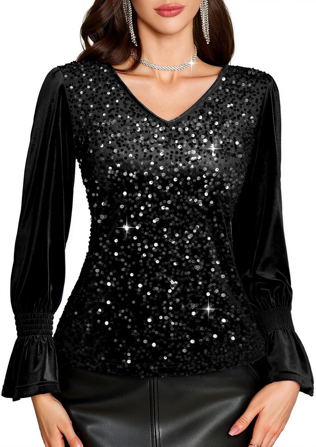 HomRain Womens Long Sleeve Sparkle Velvet Top Casual Shirts V Neck Glitter Night Out Tops for Elegant Evening