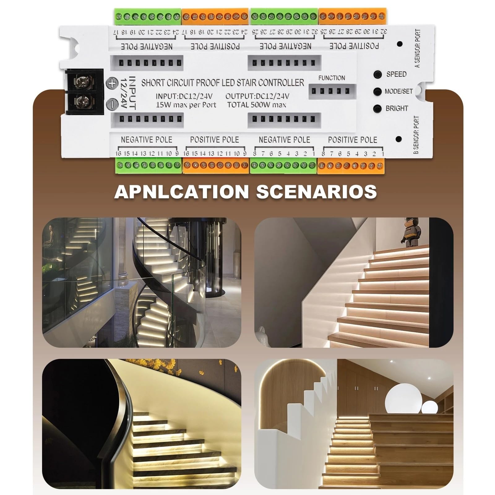 Controlador inteligente de Sensor movimiento PIR iluminación LED for escaleras interiores, luces paso, 32 escalones, tira COB alto brillo DIY(400W Power Supply)