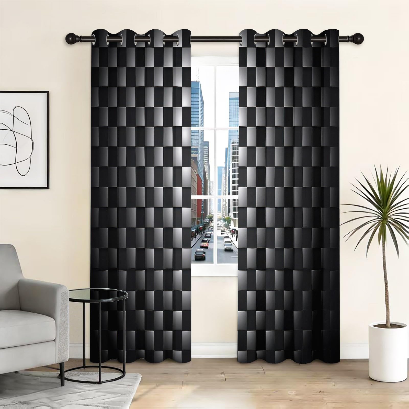 CozyRest Rideaux occultants Style technologique 280 x 245 cm, Motif Carreaux Noir Gris Géométrique Rideaux à œillets pour Chambre d'enfant Décoration de fenêtre Isolation Thermique (2 Panneaux)