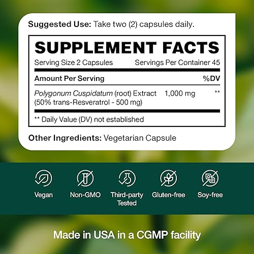 Miniatura 7 de Suplemento de resveratrol - Trans-resveratrol Extra Strength 750mg - Suplemento de polifenoles naturales, puros y potentes - Vegano, sin OMG, sin