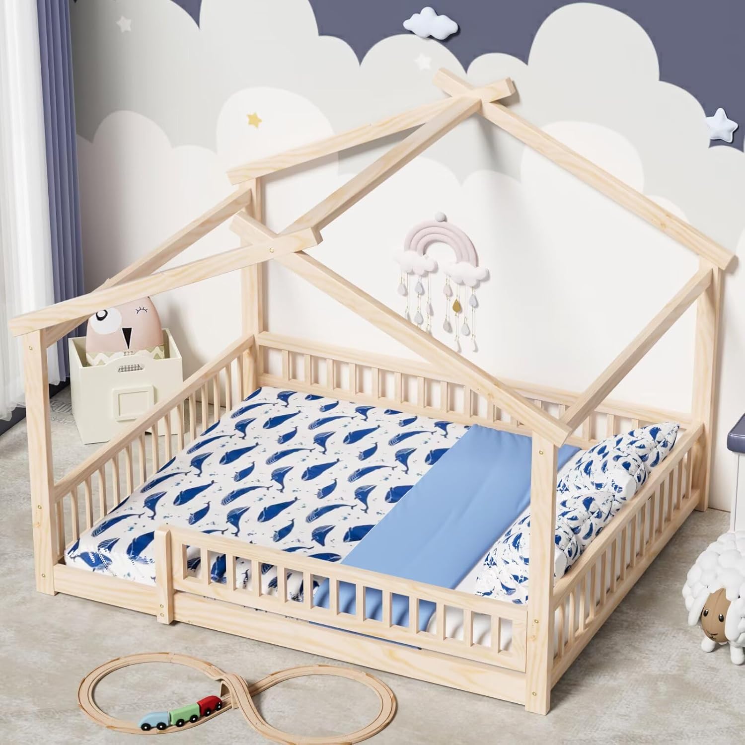 LLS Queen House Floor Bed Frame with Fence, Wooden Montessori Playhouse Bed with Slats Support for Boys Girls, Natural