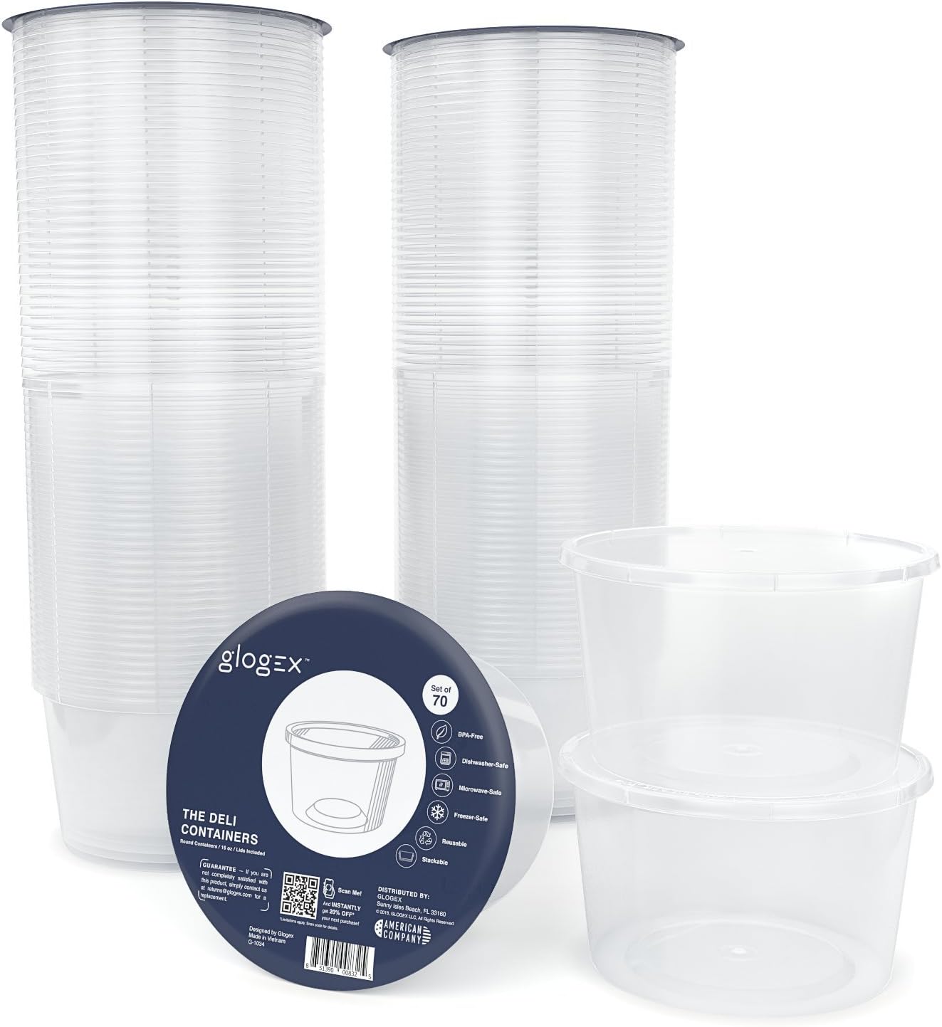 [70 Pack Deli Plastic Food Storage Containers With Lids, Round 16 Ounce Kitchen Containers, BPA-Free, Leakproof, Microwave, Dishwasher and Freezer Safe