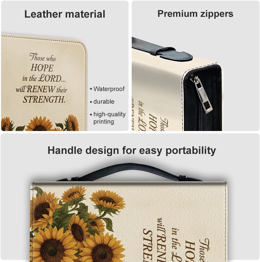 Bible Holder Case for Office Sunflowers Bible Protective with Handle Bookmark Plants Bibles Cover with Zipper Label Stickers for Adults Yellow PU Leather Bag