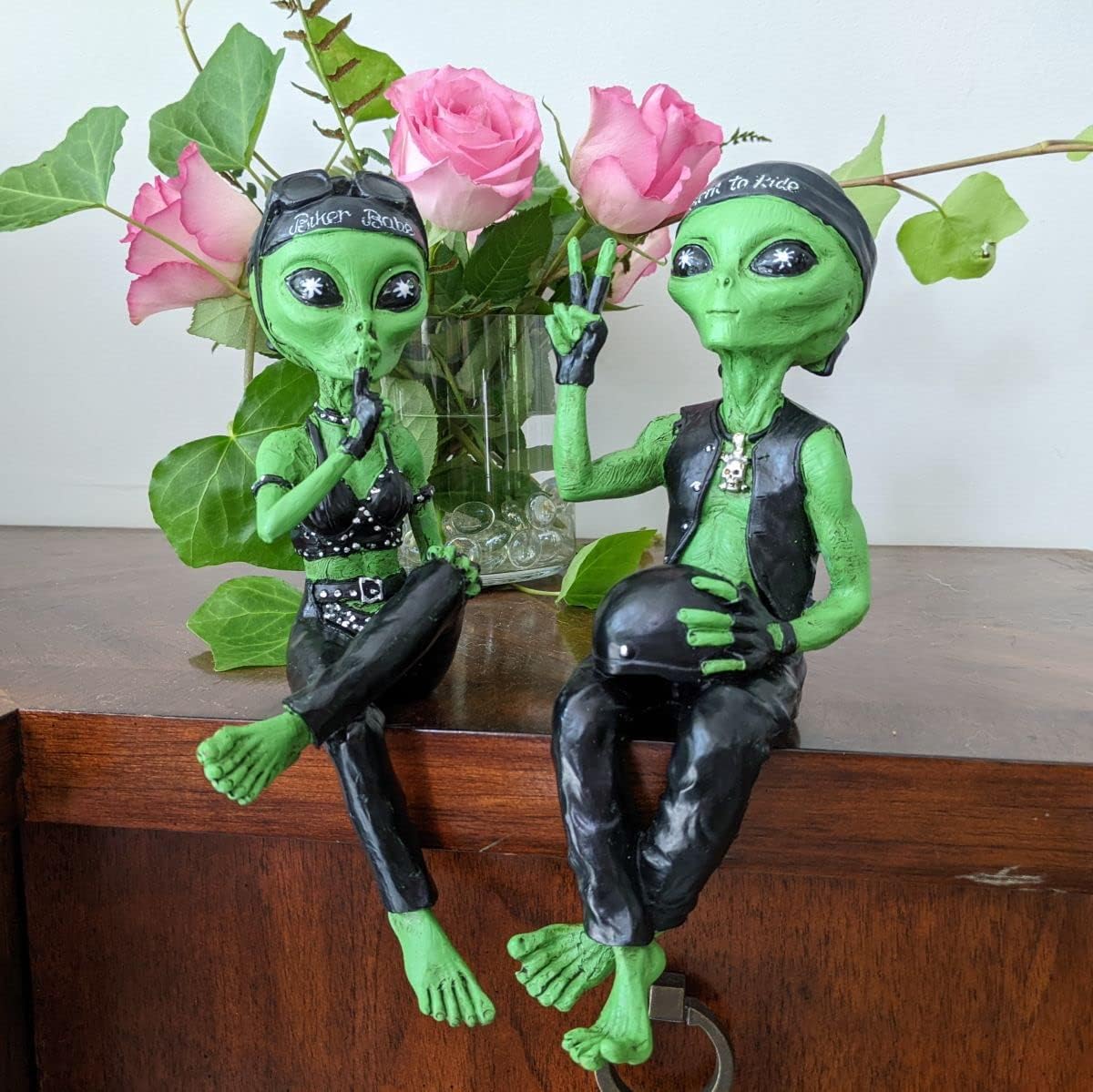 John Bernard & Company Alien Invasion Biker Babe & Biker Dude Ledge Loungers “Peace & Quiet” 10 INCH H Funny Home or Garden Alien Statues Figurine Set (Cosmic Green)