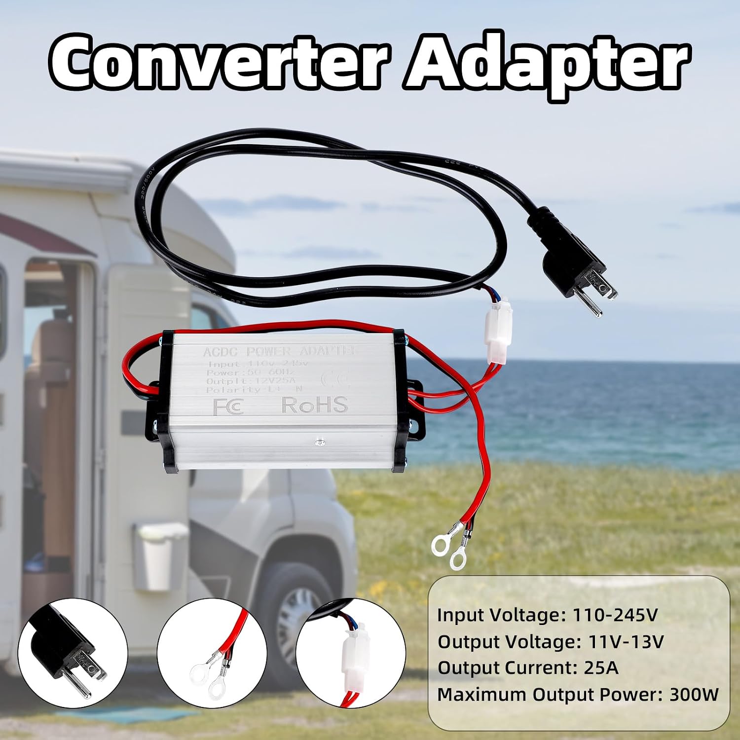 Diesel Air Heater 110V to 12V Power Converter Adapter, 300W 25A AC to DC Transformer for 5KW/8KW All-in-One Diesel Air Heater with Safety Protection for RVs Campervans & Garage Heating Systems