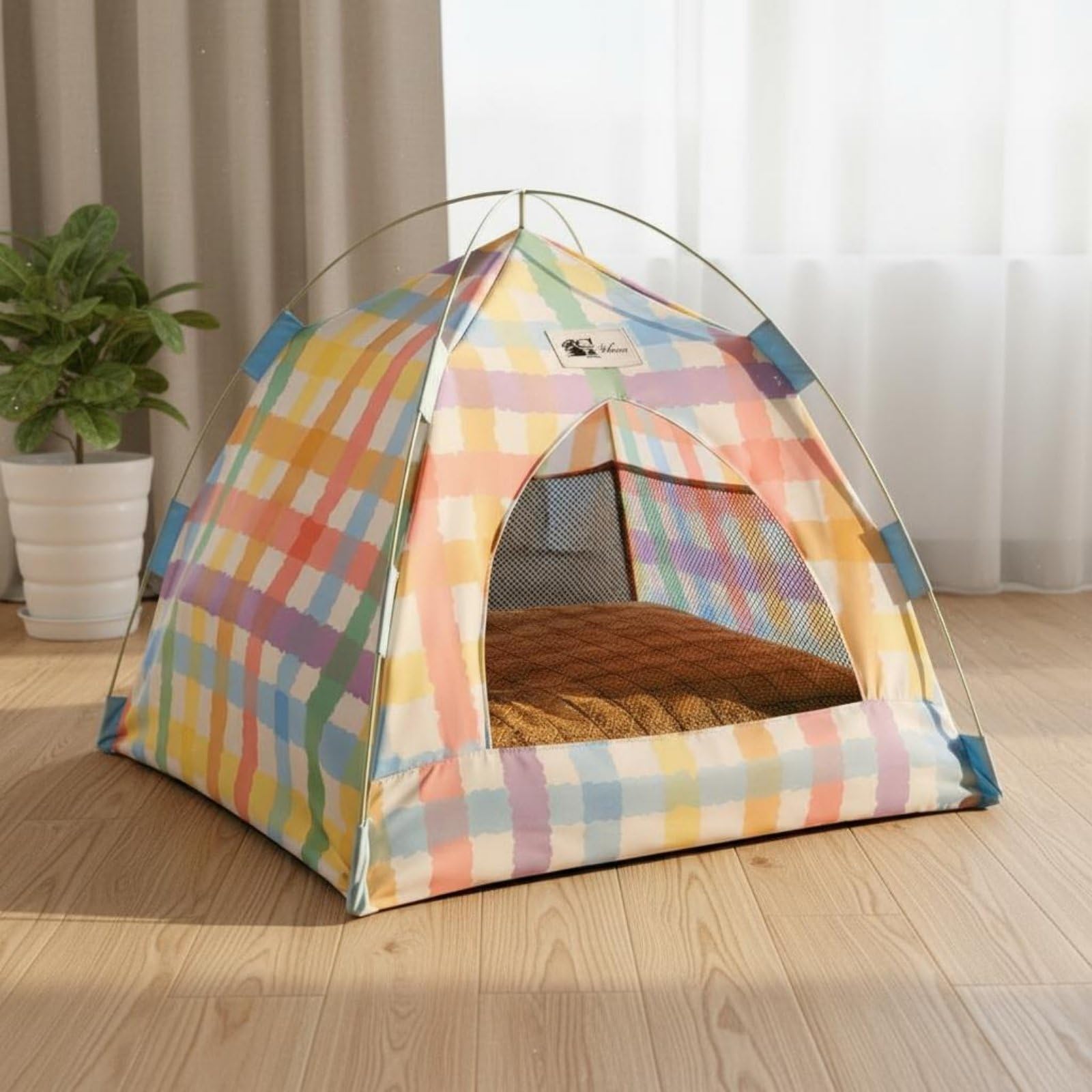 predolo Casa Cueva Mascotas Lavable Veraniego para Interior, XL 63 63 54CM, Tienda De Campaña para Mascotas, Color Dopamina, A Cuadros, con Alfombrilla Refrescante