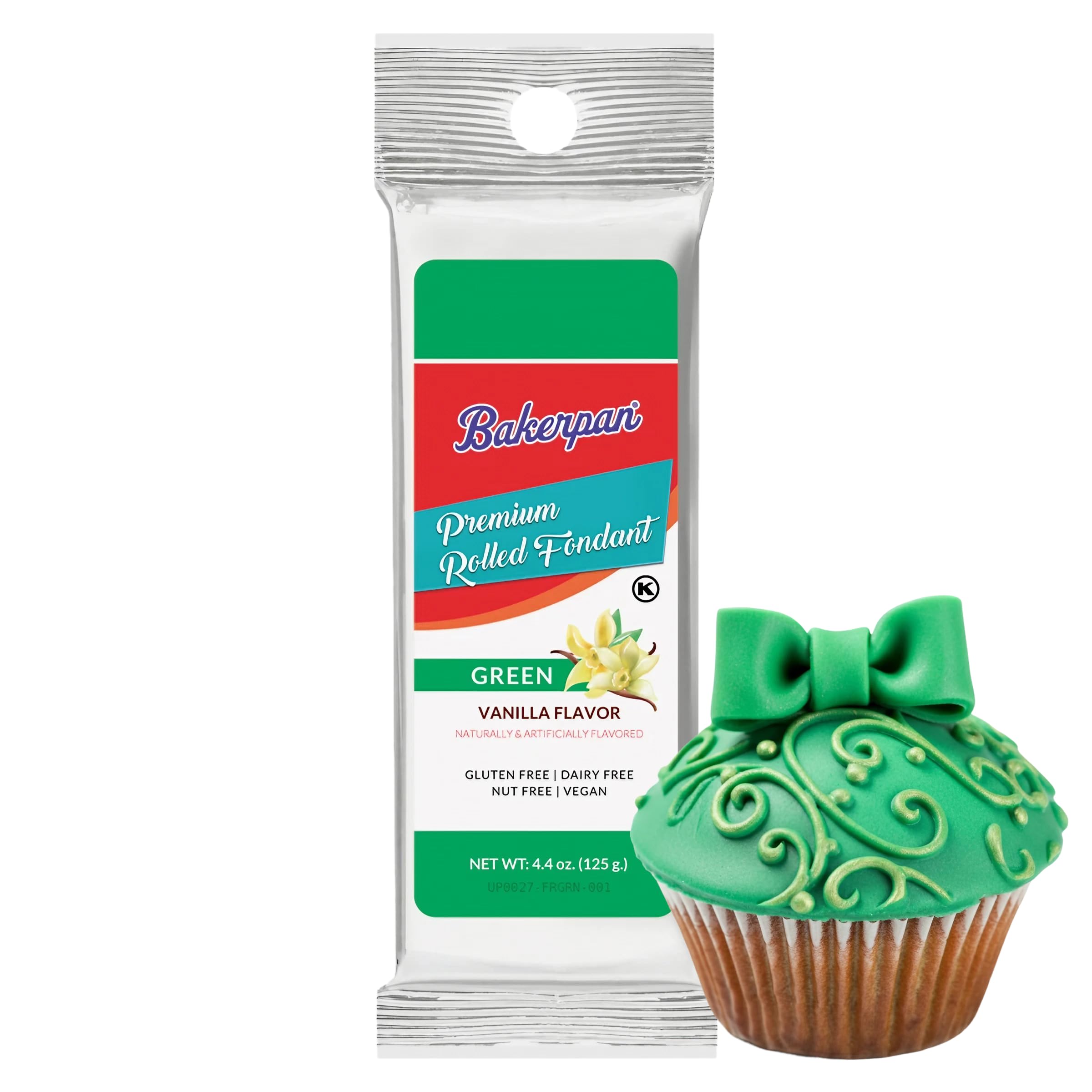 Bakerpan Premium Rolled Green Fondant for Cake Decorating, Vanilla Flavor - 4.4 Ounces (Made in USA)