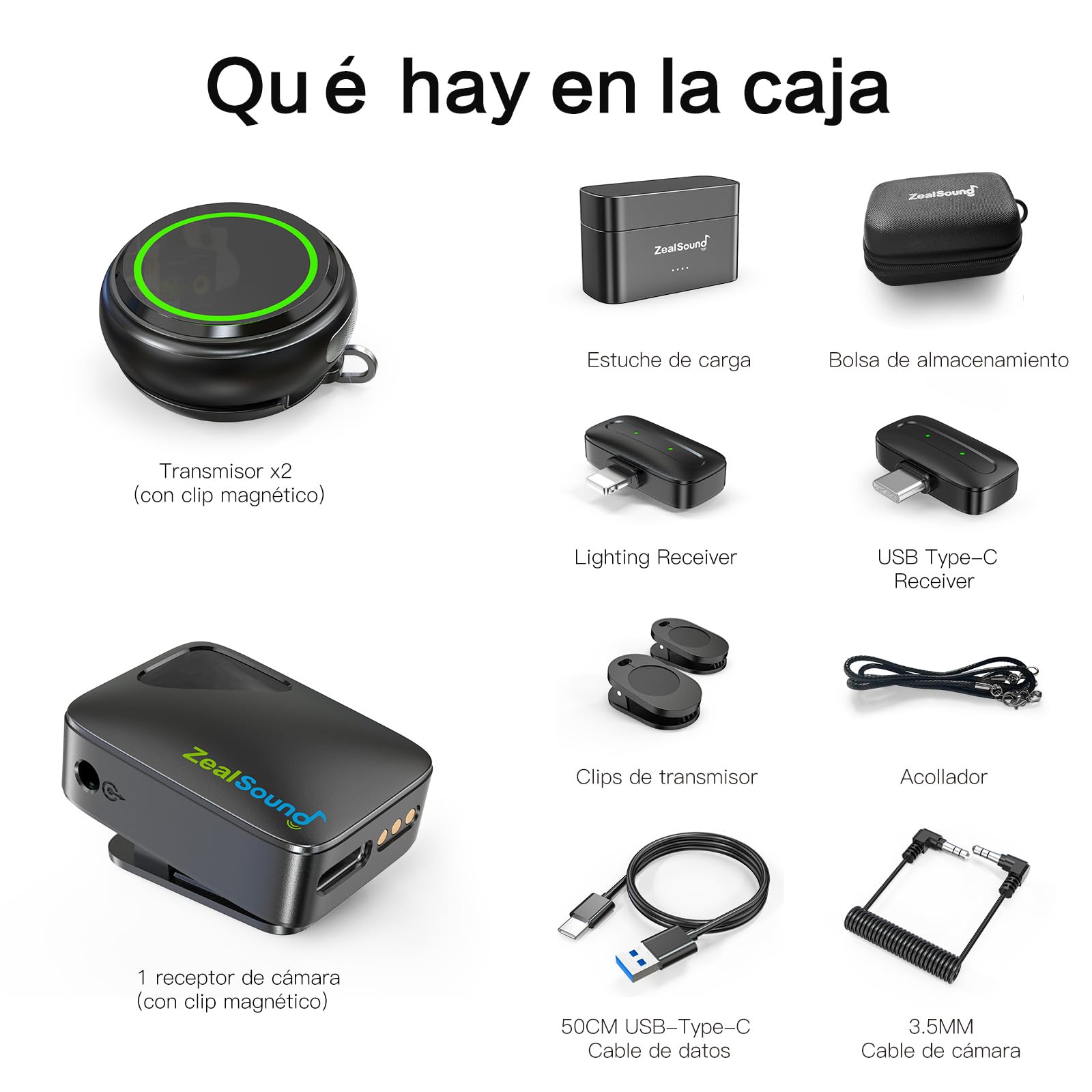 ZealSound Mini Micrófono Inalámbrico(2TX+3RX), micrófono de Solapa para *Phone *Pad cámara DSLR PC, 48 kHz/24 bits con cancelación de Ruido Activa, 300 m, 40 Horas, Hi-Fi Audio, micrófono para Vlog
