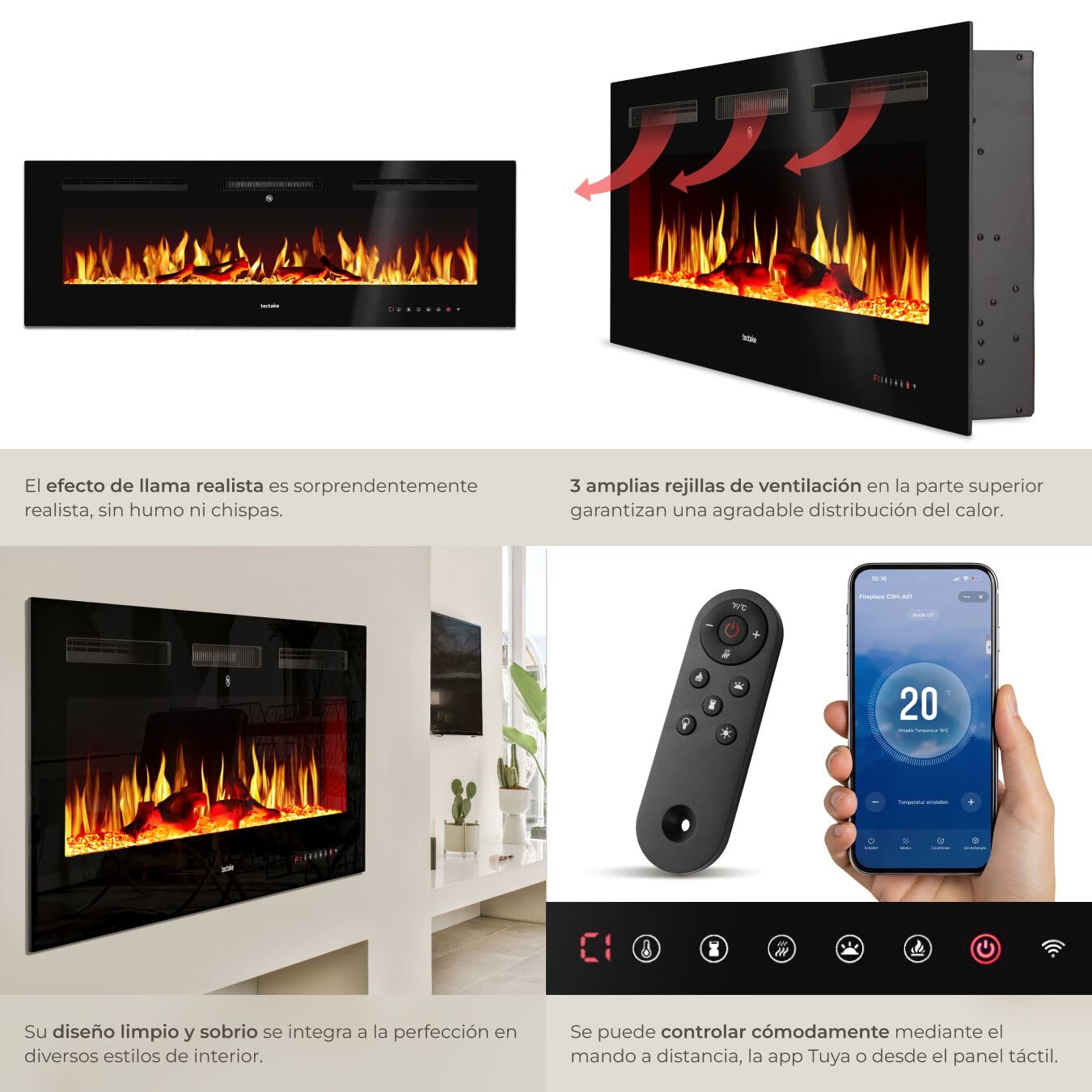 tectake® Chimenea Electrica Decorativa con Efecto Llama 3D, 2 Niveles de Calefacción, Control Remoto, Chimenea Eléctrica con Termostato Integrado, Protección Sobrecalentamiento - 12 x 127 x 43 cm
