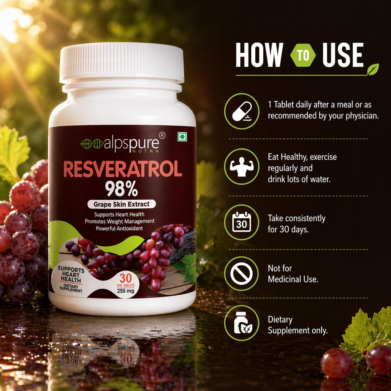 Alpspure Nutra Resveratrol 98% (Grape Skin Extract), 30 Tablets |Supports Heart Health and Weight Management | Powerful Natural Antioxidant | Anti-ageing & Anti-inflammatory | For Men & Women 1