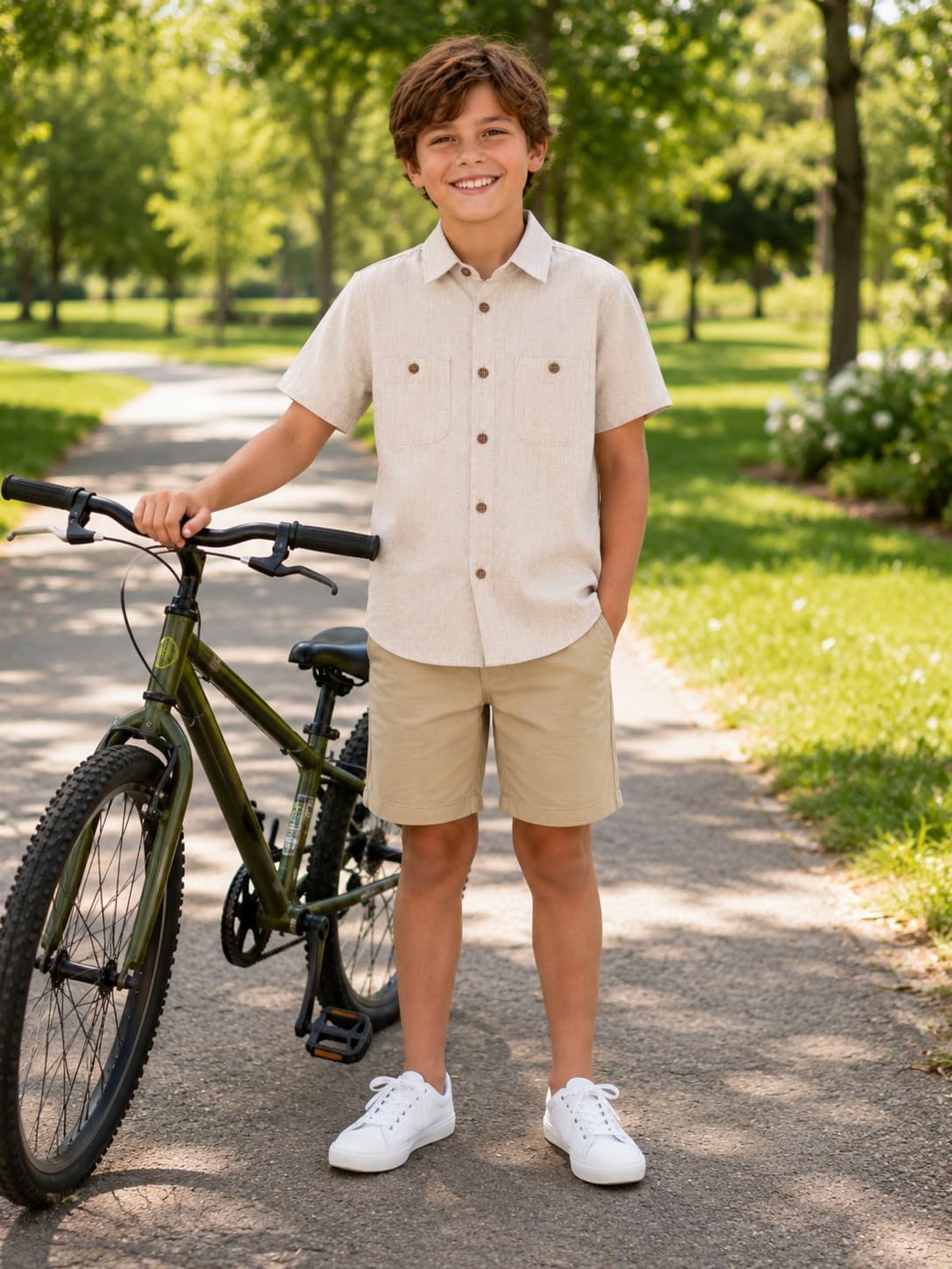 Alix & Belle Boys Linen Blend Button Down Shirt, Short Sleeve Collared Summer Shirt with Chest Pockets
