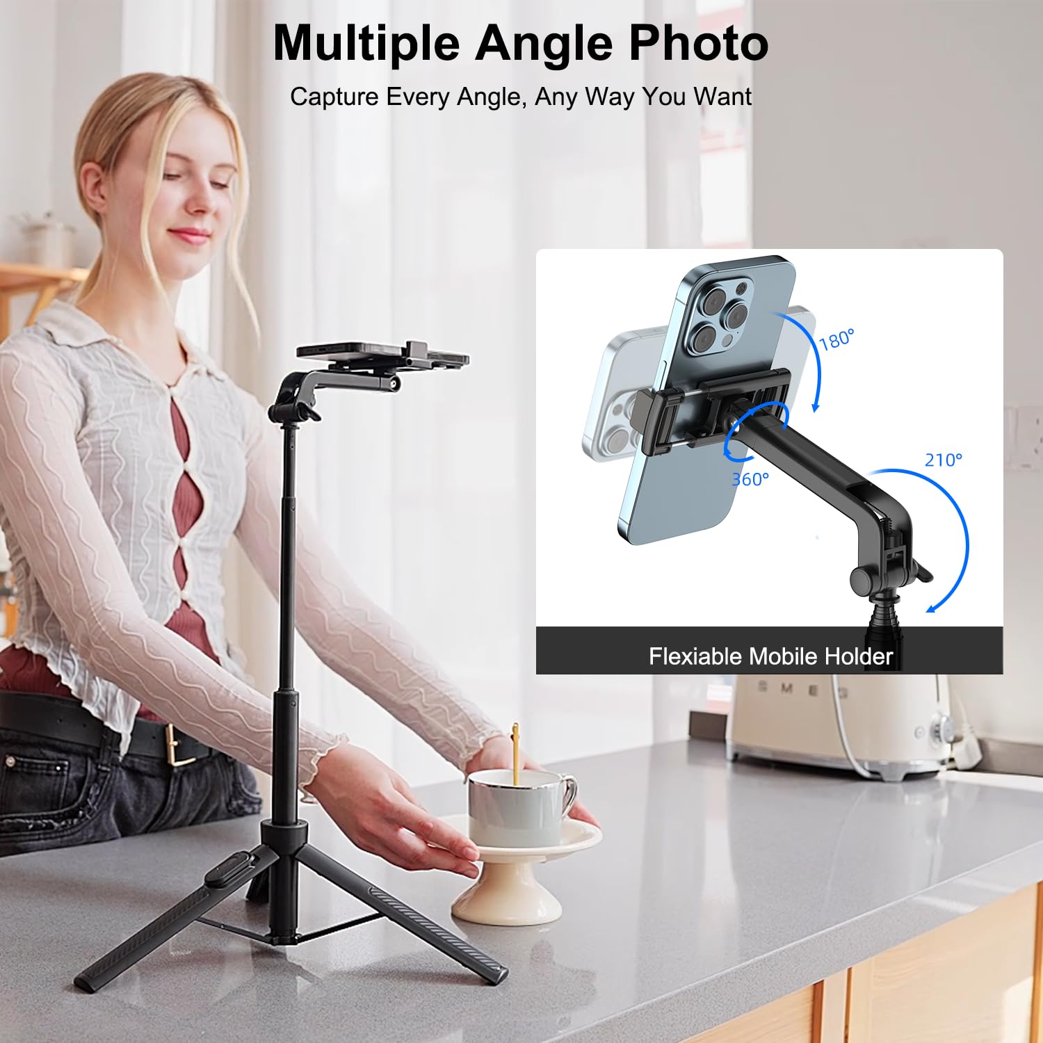 Celfiexpt Selfie Stick Tripod Portable 50" Extendable Bluetooth Mobile Tripod with 360° Adjustable Holder, Phone Stand for Video Recording Shooting Vlogging YouTube Cooking, Black — Amazon image 2