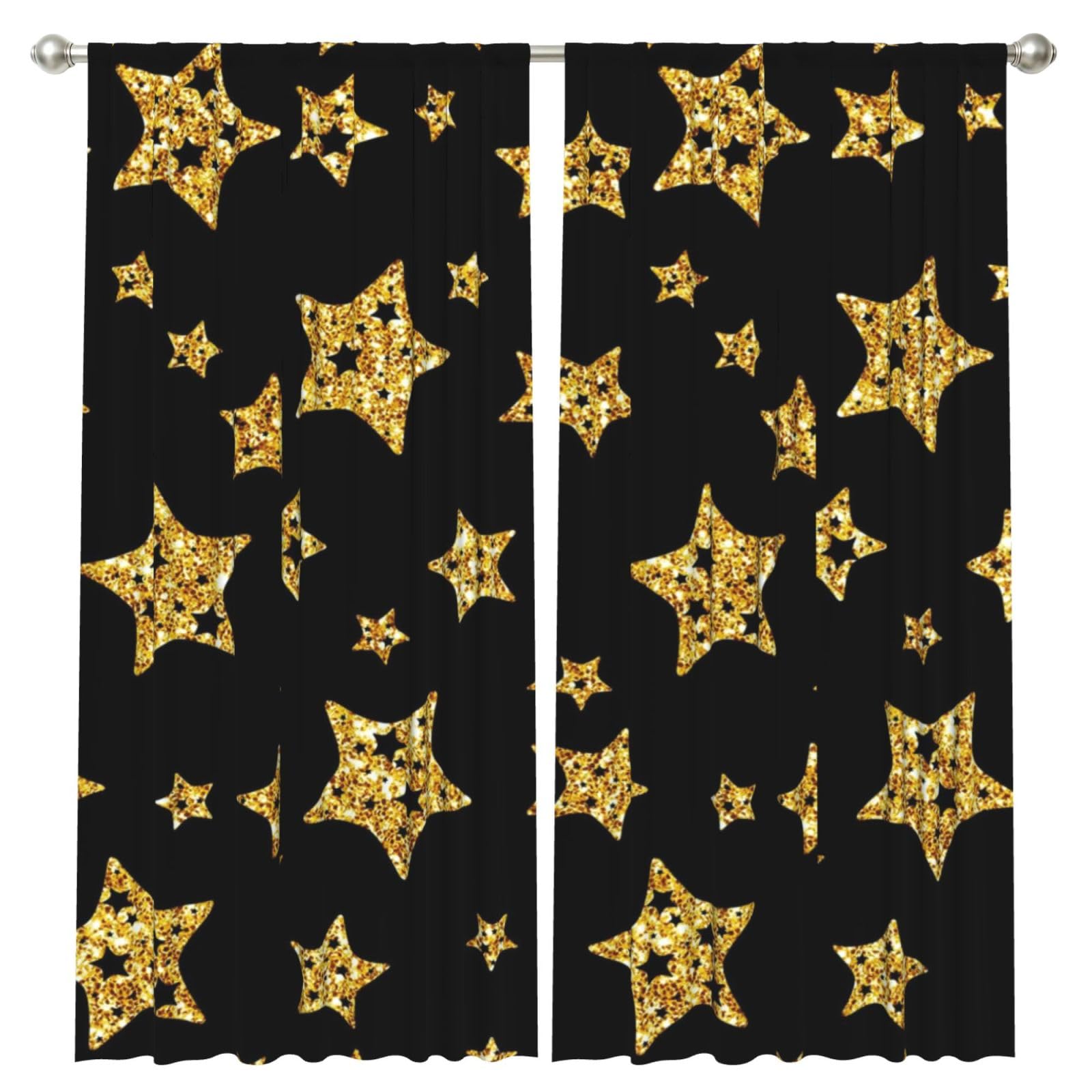 InOmak Black And Gold Stars, 2 Panels Window Curtains 52 x 84 Inch Blackout Curtains for Living Room Bedroom