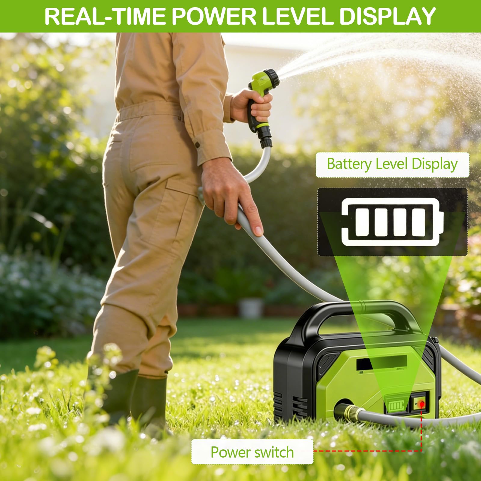 Pompa da Giardino Autoadescante a Batteria, 4,5 Bar, Pompa Acqua Portatile con 2 Batterie, Tubo di Mandata 10 m e Aspirazione 3 m, 3 Ugelli Spray, per Laghetto, Giardino, Acquario e Campeggio