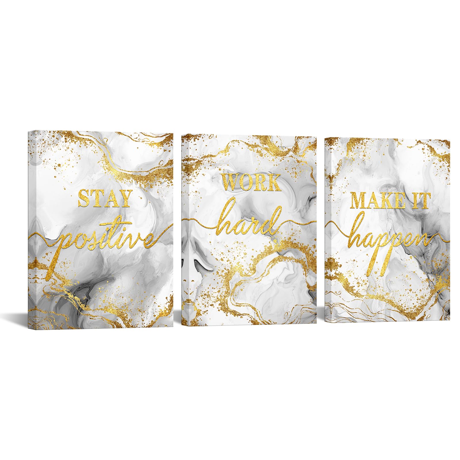 LevvArtsInspirational Wall Art Stay Positive Work Hard Make It Happen Office Wall Decor Motivaional Encouraging Canvas Prints Blue and Gold Pictures Decoration (Grey)