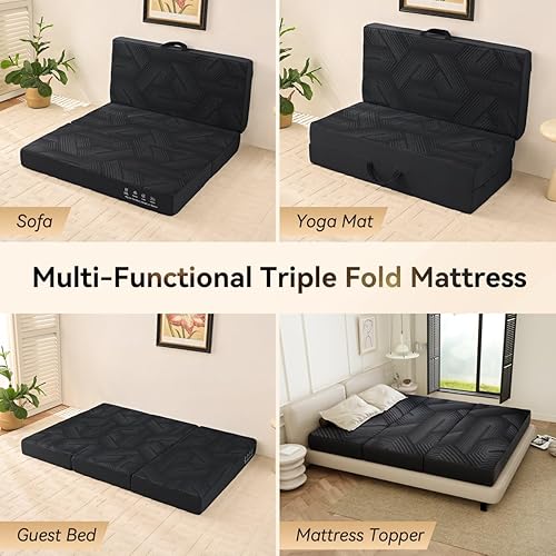 Miniatura 5 de Colchón plegable tamaño Queen, cubrecolchón portátil de tres pliegues de 6 pulgadas, almohadilla con funda lavable, asas y antideslizante, adecuado