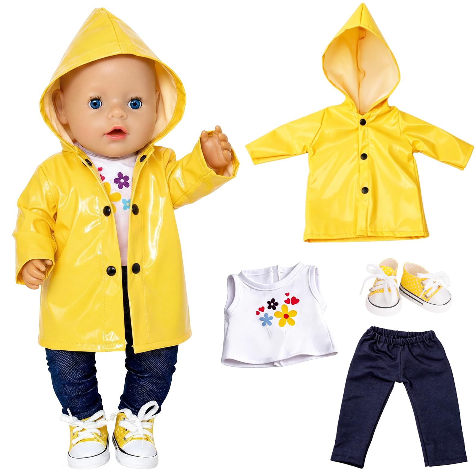 Doll Clothes Outfits for 14-18 Inch Baby Dolls，Baby Doll Clothes Yellow Raincoat with Hooded Raincoat Floral T-shirt Trousers Shoes for 35-45cm Newborn Baby Doll Accessories Gift for Girls