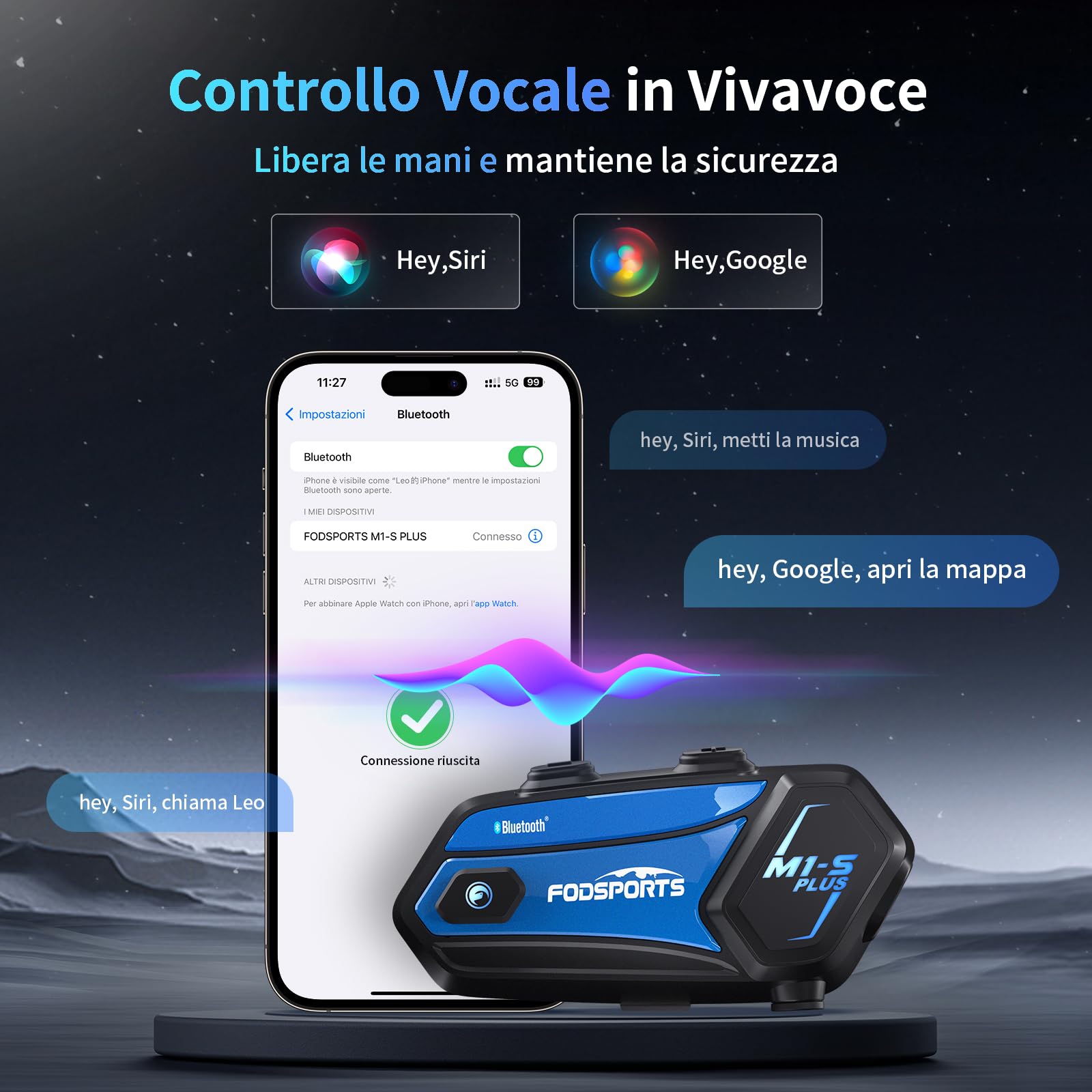 Fodsports M1-S Plus Interfono Moto, Auricolare Casco Bluetooth Coppia con Condivisione Musica, Sistema di Comunicazione Casco Fino a 10 Persone, V2.0 Interfono Casco con Audio Multitasking Cablato