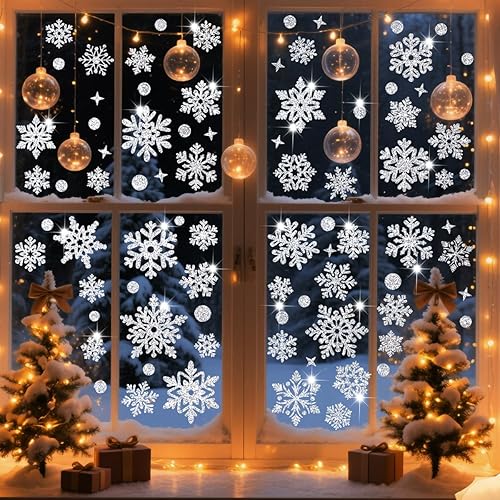 171 piezas de decoraciones navideñas para ventanas, copos de nieve plateados, calcomanías de doble cara, decoración de ventana, pared, puerta,