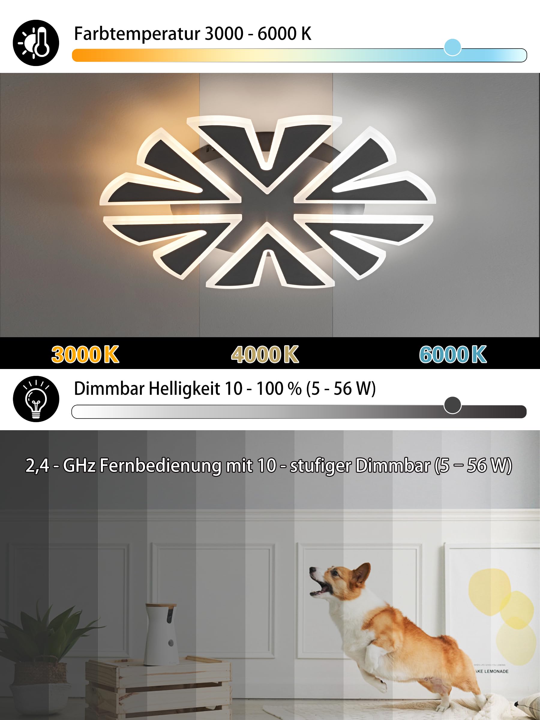 LED Deckenlampe Dimmbar schwarz Schneeflocken 50cm 5600lm 56 W | Fernbedienung/Mobile APP, Farbtemperatur 3000-6000K, Helligkeit 5-56W, 5W Nachtlicht, Memory-Funktion, Timer-Funktion