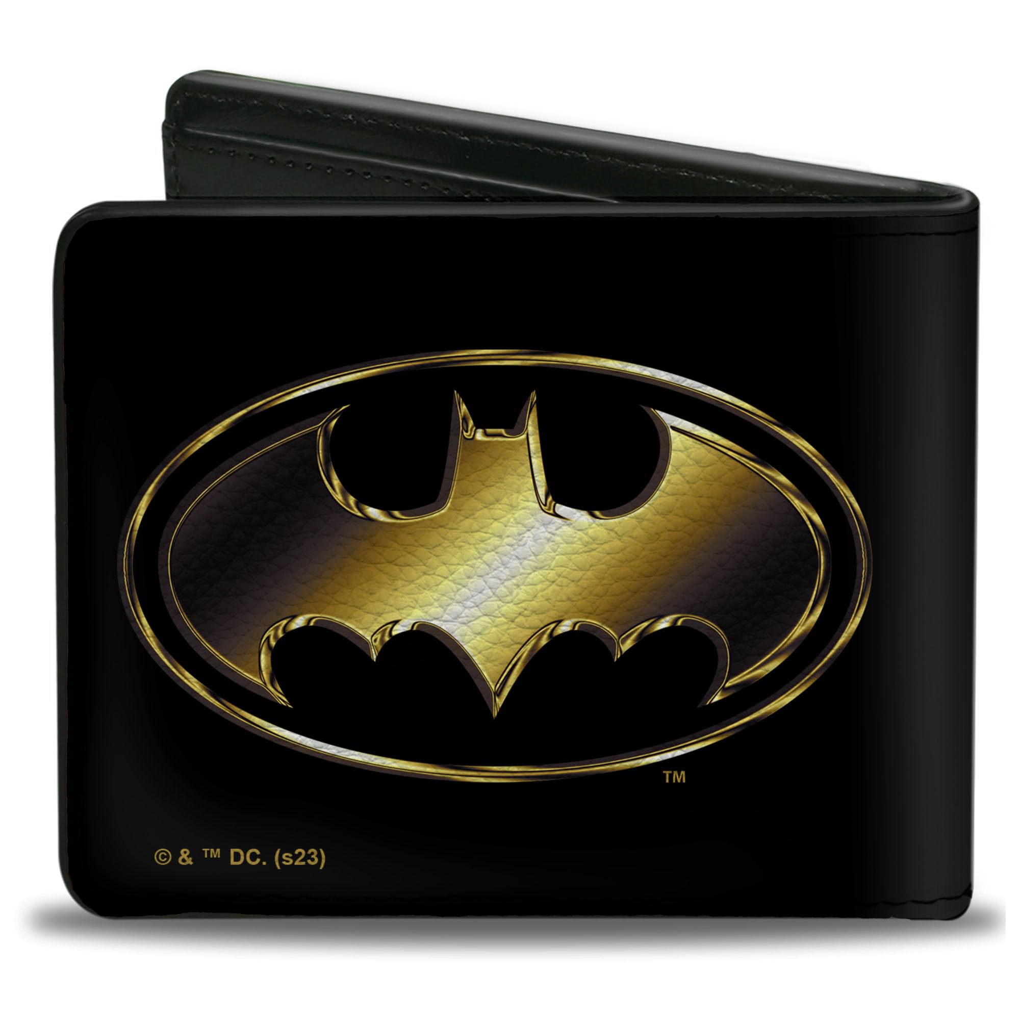DC Comics Wallet, Bifold, Justice League Batman Bat Signal Logo Black Gold, Vegan Leather