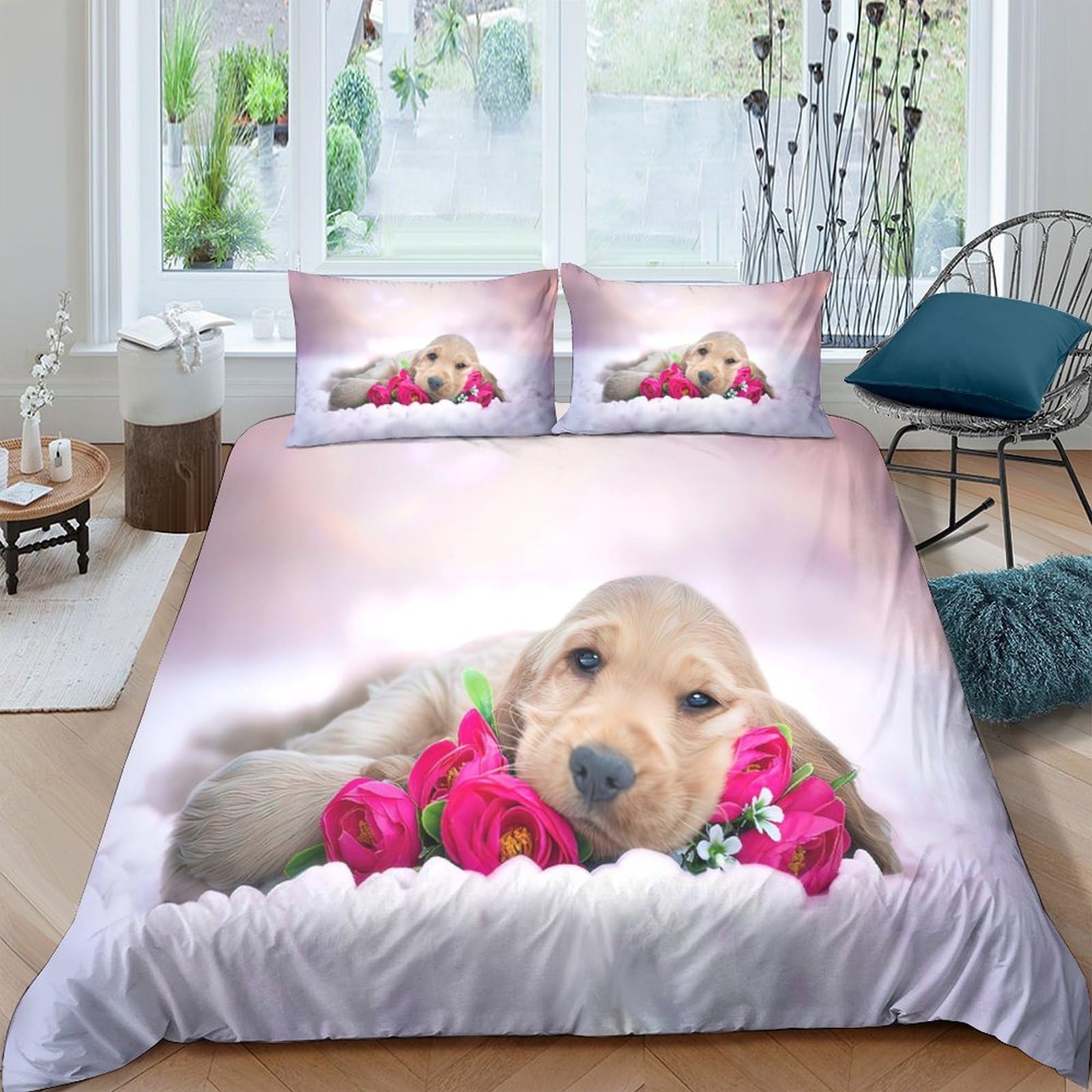 Ctjqhvkz Style-3 3D Printed Puppy With Flowers Fitted Sheet Microfiber Soft Pink Dog Bed Cover For Bedroom Guest Room Easy Care Single（135X200cm）