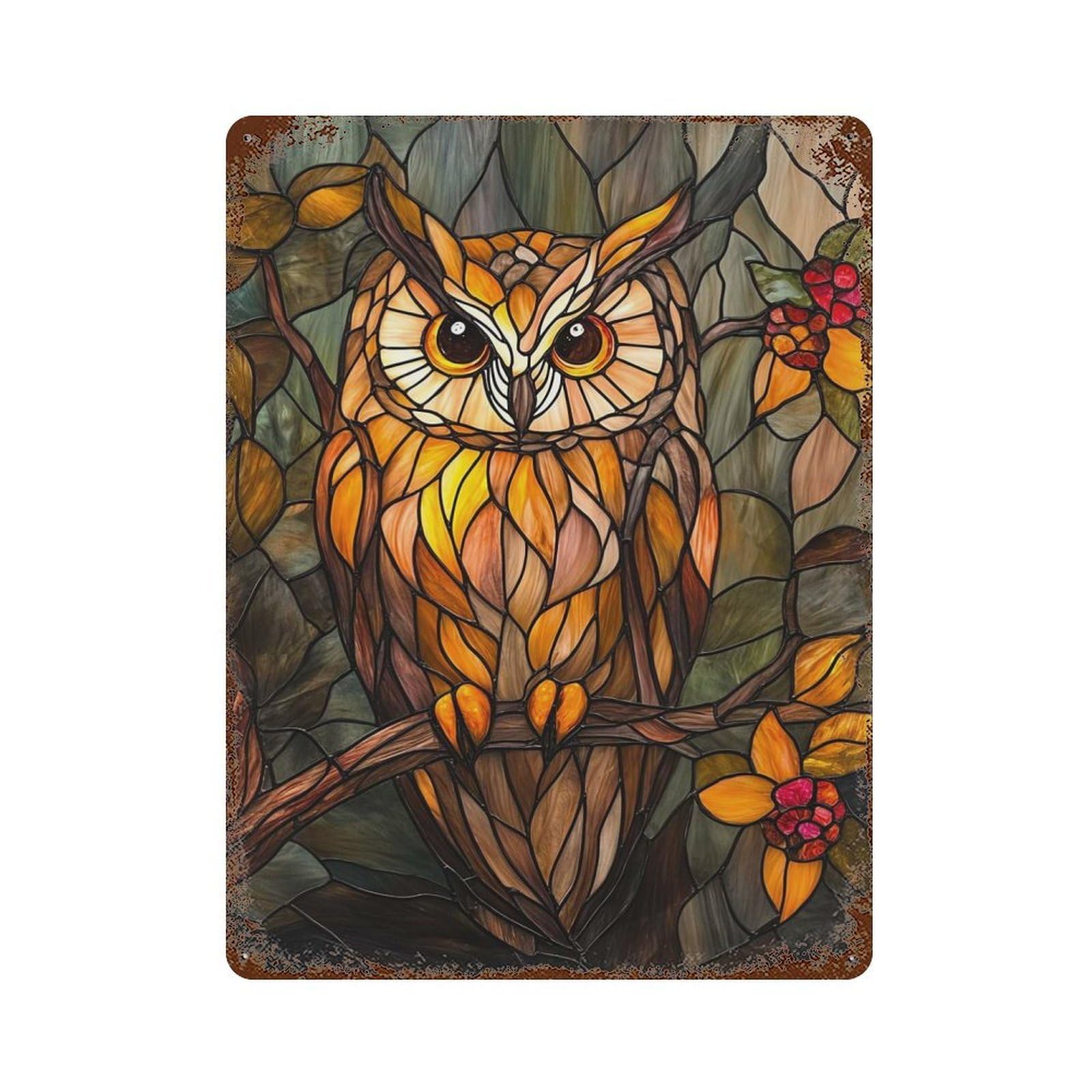 Garage Style Stained Glass Owl Rustic Tin Plaque 15.7"x11.8", Classic Wall Plaque for Bar And Workshop