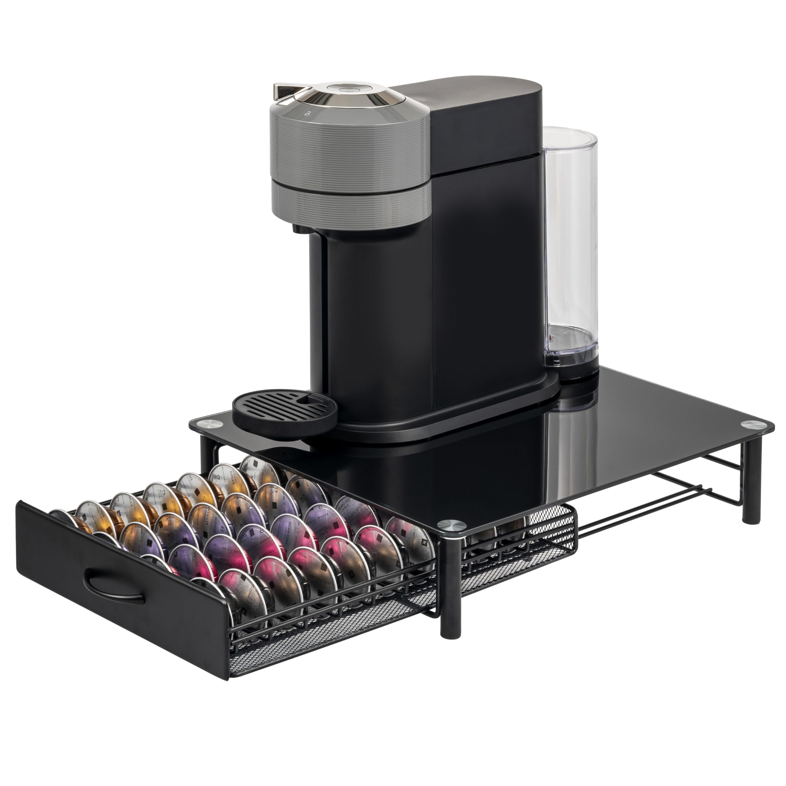eluno Uchwyt na kapsułki do 40 x Nespresso Vertuo, pojemnik z szufladami, szklany stojak na maszynę, metalowy i szklany blat, pojemnik na kapsułki z kawą, dozownik kapsułek (czarny)