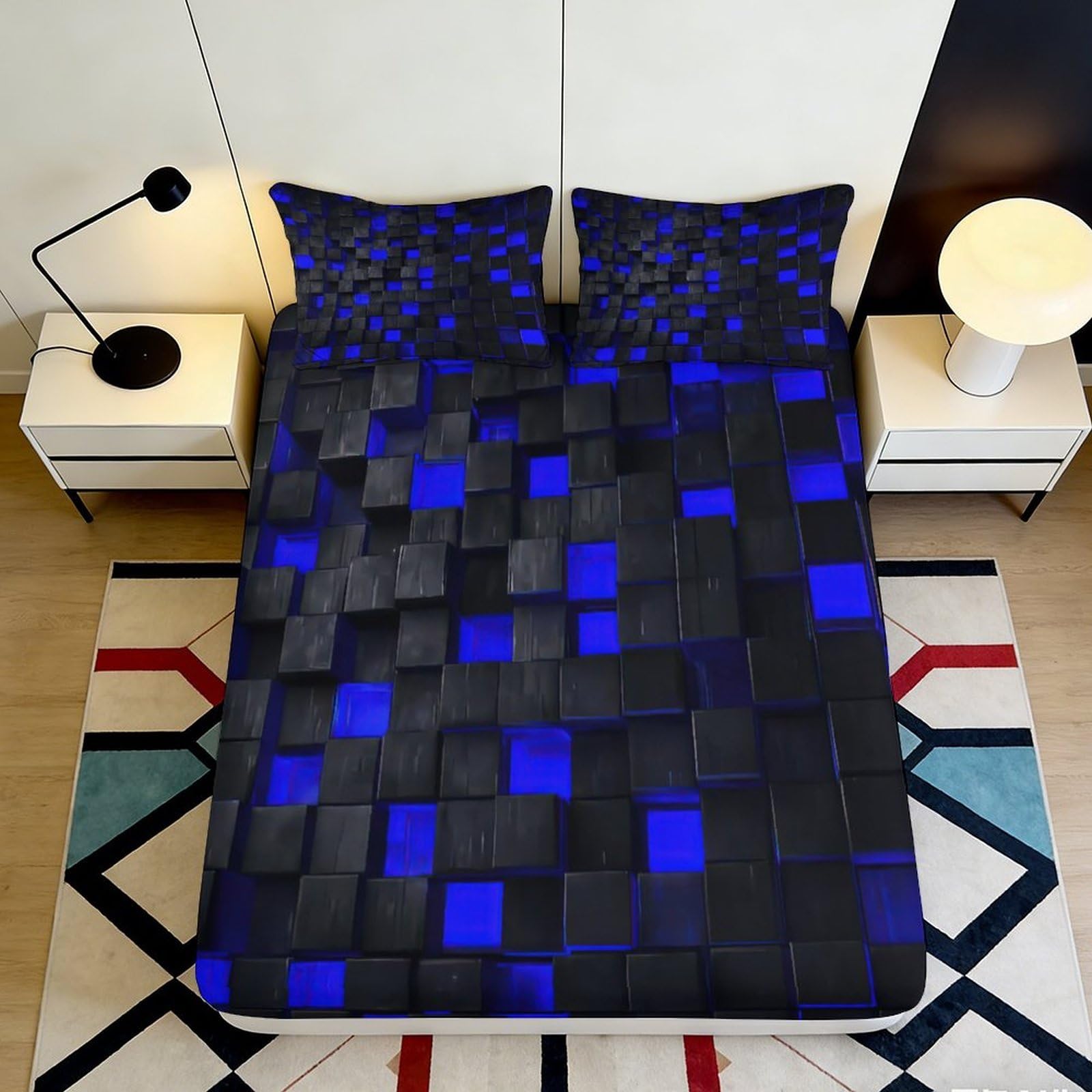 3D Printed Blue Geometric Fitted Sheet Microfiber Soft Bedroom Decor Black Cube Mattress Cover for Home Dorm 90x200x25cm