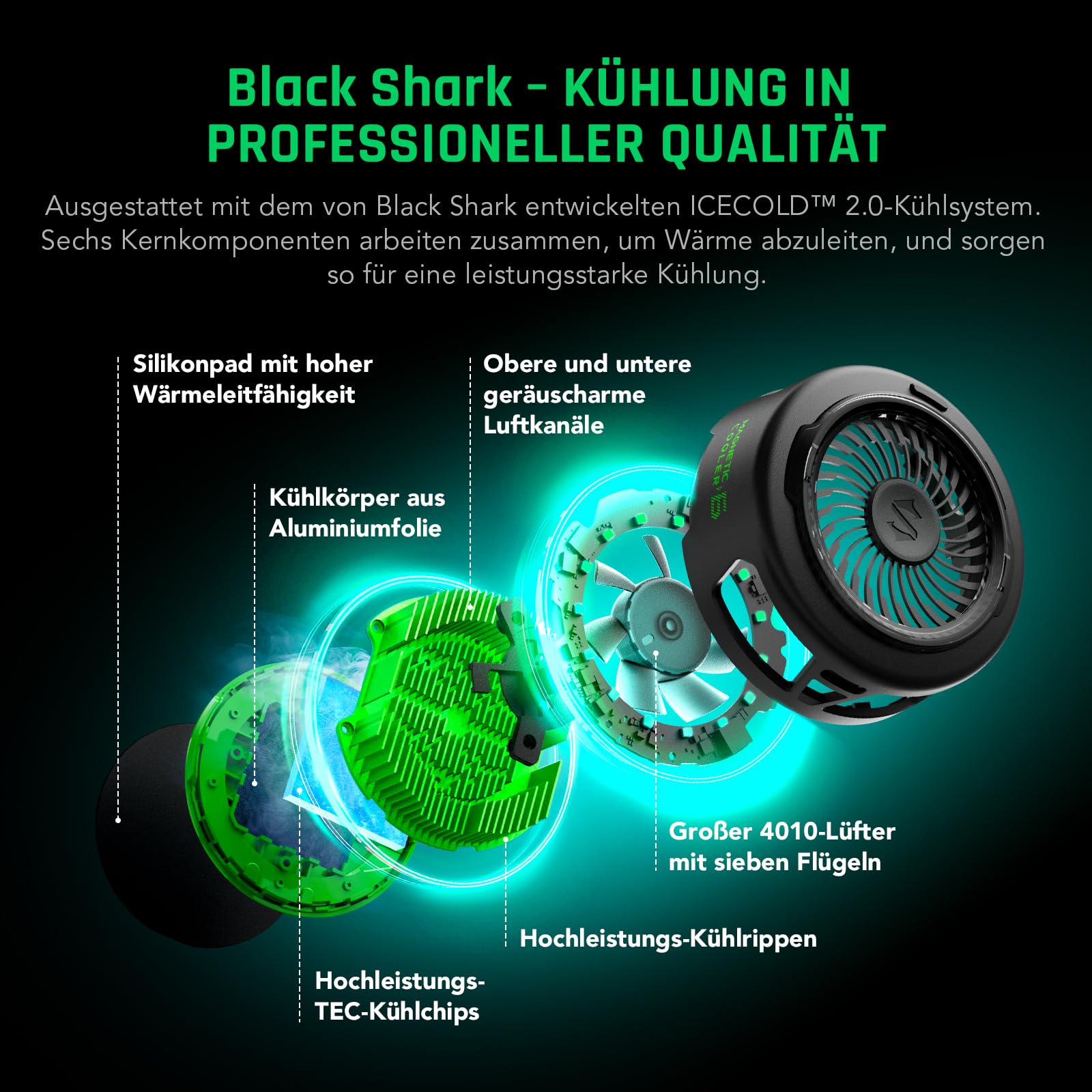 Black Shark FunCooler 6 Magnetic Phone Cooler für Gaming, Tragbarer Handy Kühler mit RGB-Beleuchtung, Magnetischer Kühlventilator für iPhone, iPad (Schwarz)
