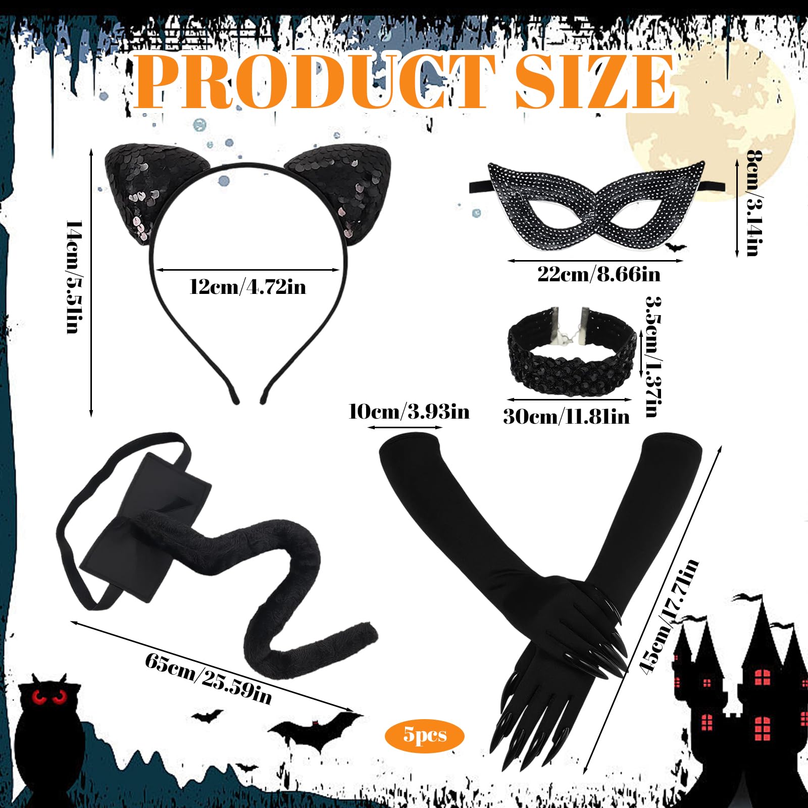 Cat Costume, 5 Pcs Cat Woman Outfit With Ears, Mask, Choker, Gloves And Tail, Cosplay Costumes for Women Halloween Party - Image 2