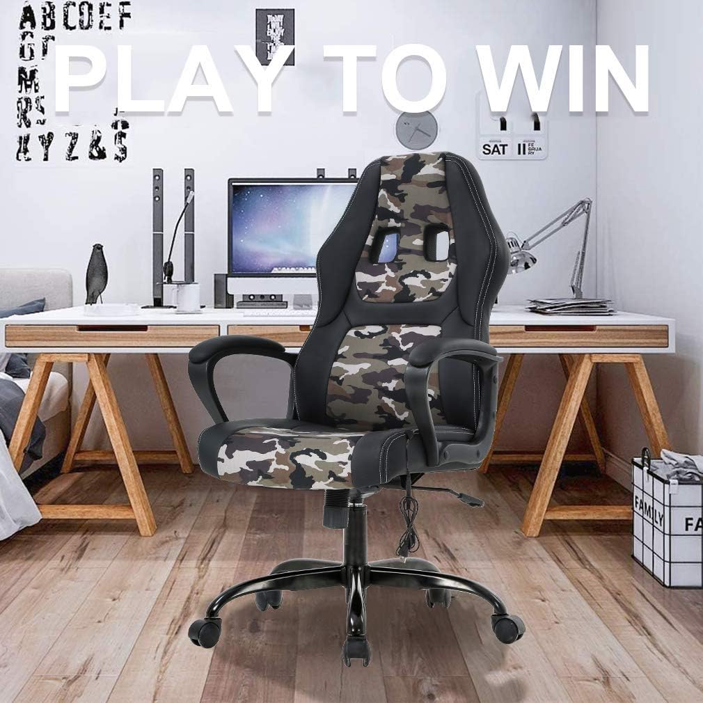 Racing-Style Gaming Chair Ergonomic Office Chair PU Leather Swivel Chair with Massage Function, Adjustable Lumbar Support, and Headrest (Camo)