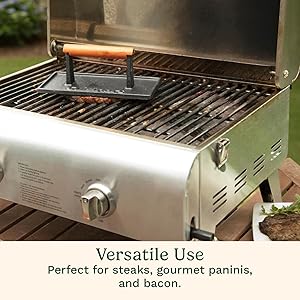 Cuisinart Cast Iron Grill Press with Wooden Handle, Heavy Duty Nonstick Rectangle Burger Press with Wood Handle, Perfect Grill Accessory for Steak, Bacon, Paninis and More