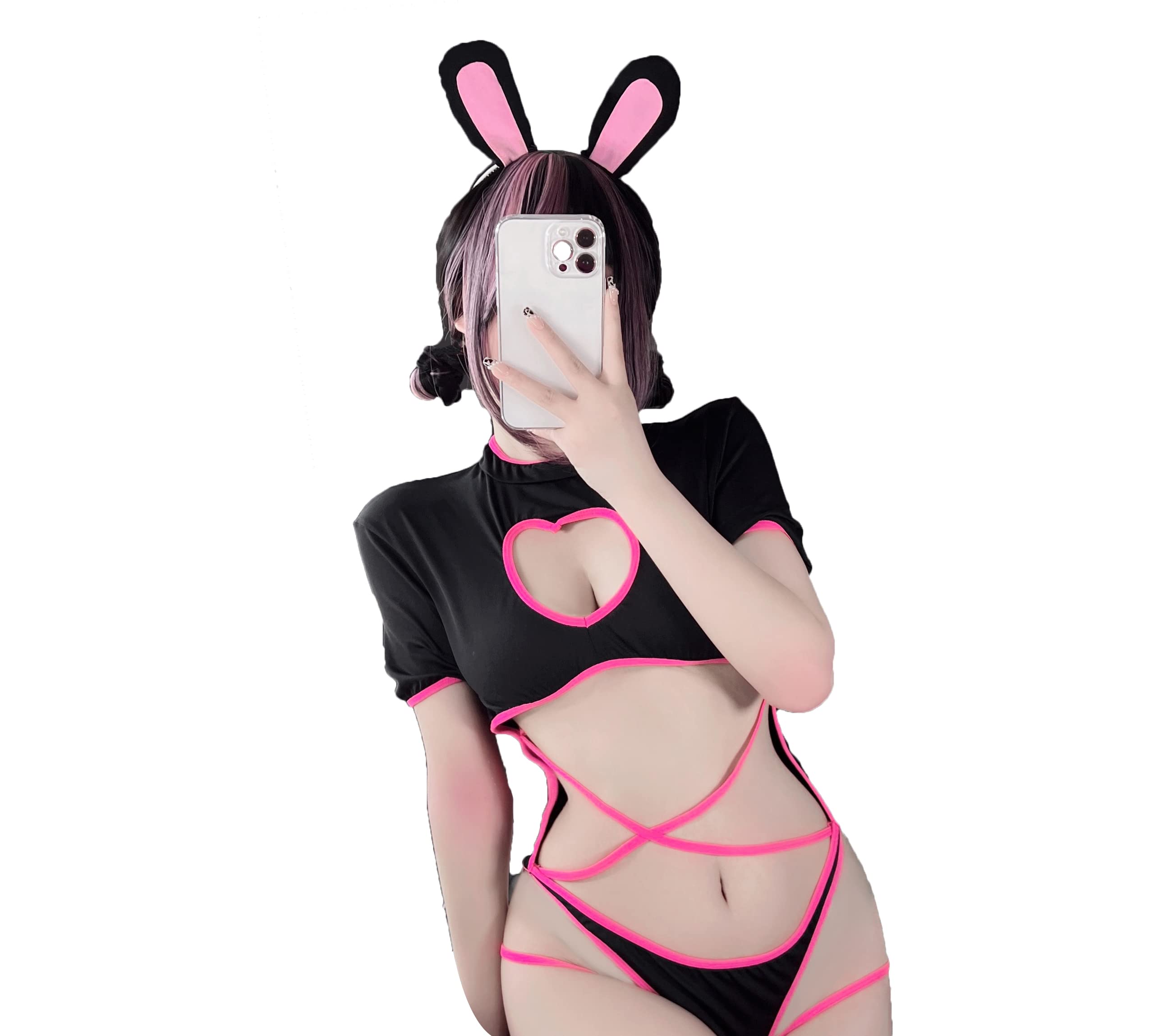 JasmyGirls Sexy Rabbit Underwear Naughty Cat Costume Kawaii Anime Bikini Maid Role-Play Outfit Heart Hollow One-Piece Strappy Bodysuit