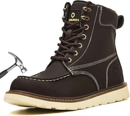 TAKMHI Mens Steel Toe Work Boots Lace Up Non Slip Industrial Safety Shoes | Lightweight lace up steel toe boots for men. Heavy-duty spark resistance for industrial and welding work.