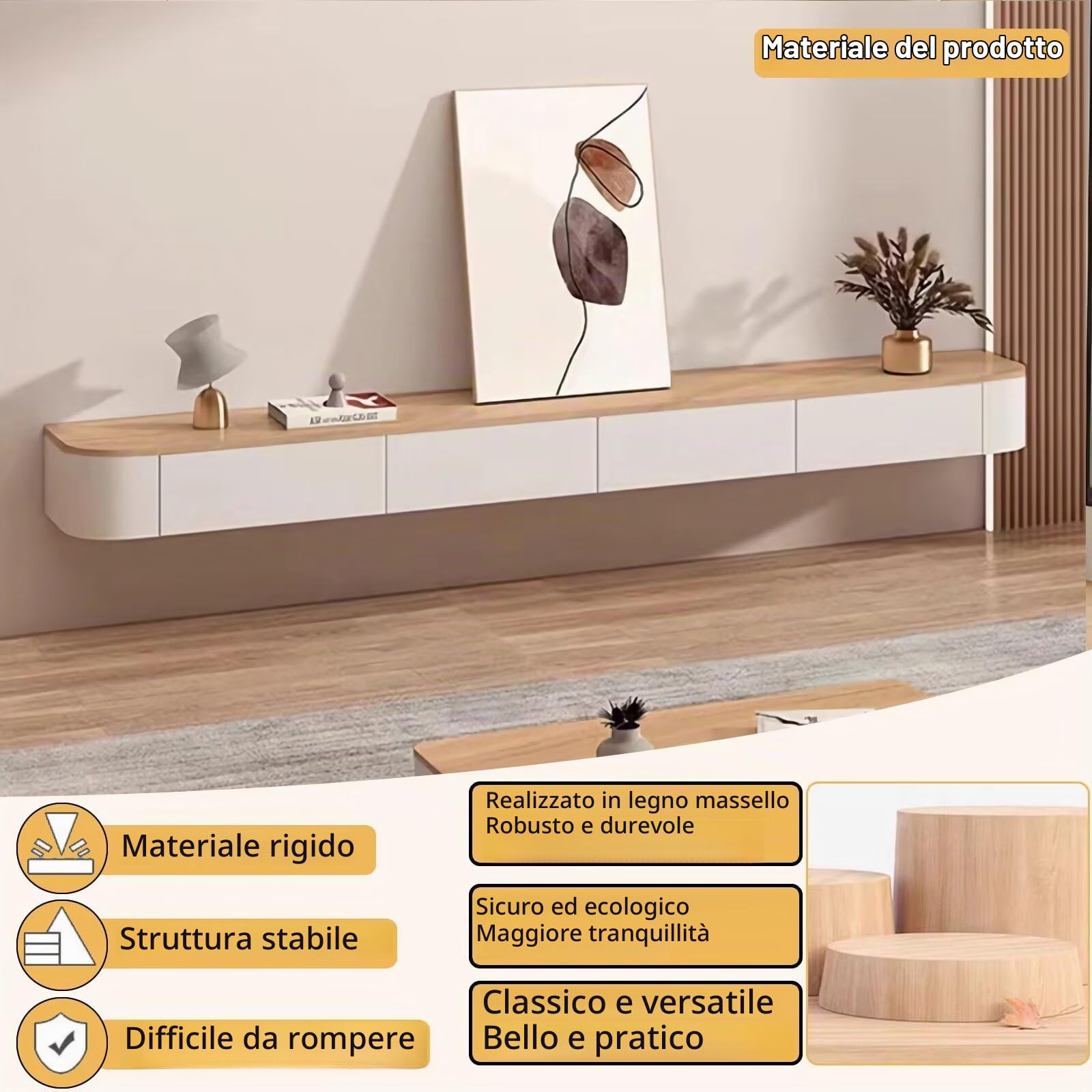 Mobile TV Sospeso da Parete Moderno in Legno con Cassetti e Ripiani, Mobile Porta TV Flottante per Soggiorno e Camera da Letto(Legno+bianco,140cm/55in)