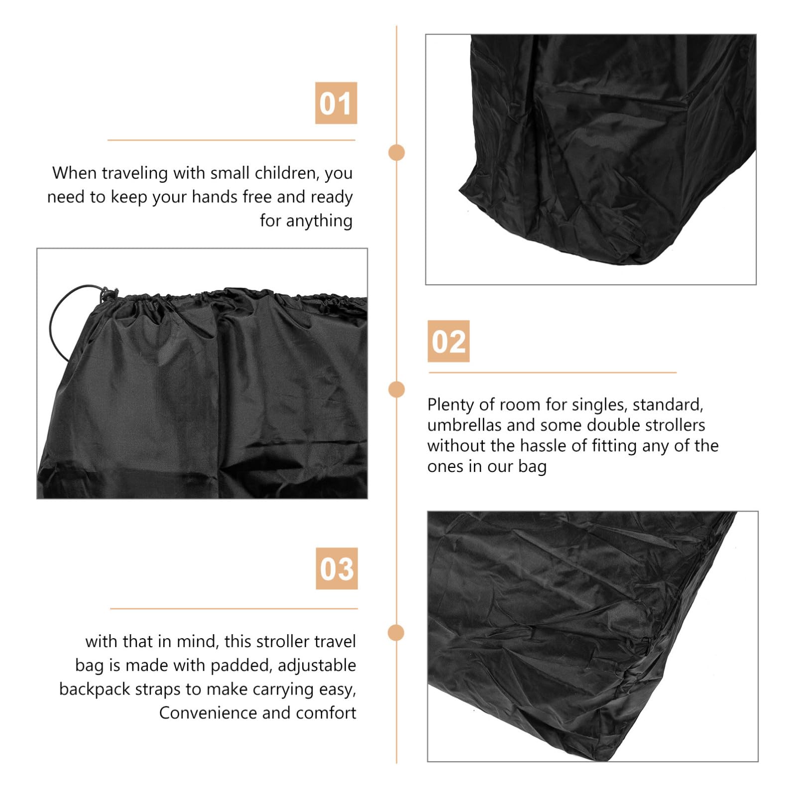 Borsa da Viaggio Passeggino per Aereo, Nero in Nylon | Doppie Cinghie a Spalla, Chiusura a Coulisse Bloccabile, Cuciture Rinforzate