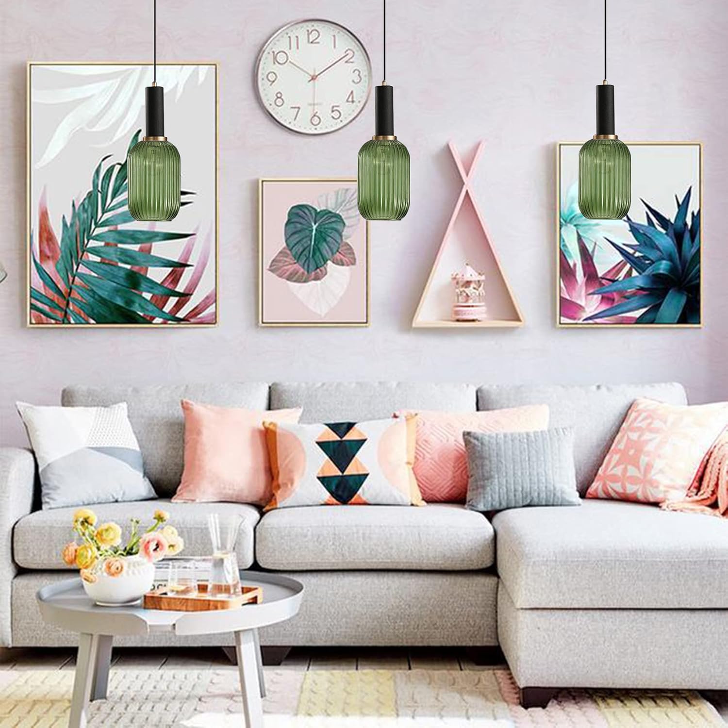 Pendant Light Black Lamp Holder and Glass Striped Light Shade Modern Pendant Lighting for Kitchen Island Farmhouse Hanging Lights Fixtures (S, Green)