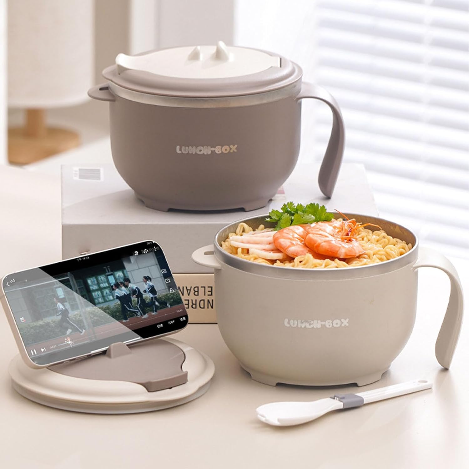 Buachois Microwave Ramen Bowl, 316 Stainless Steel Insulated Noodle Bowl with Lid and Spoon for College Dorm Apartment (Coffee Color)