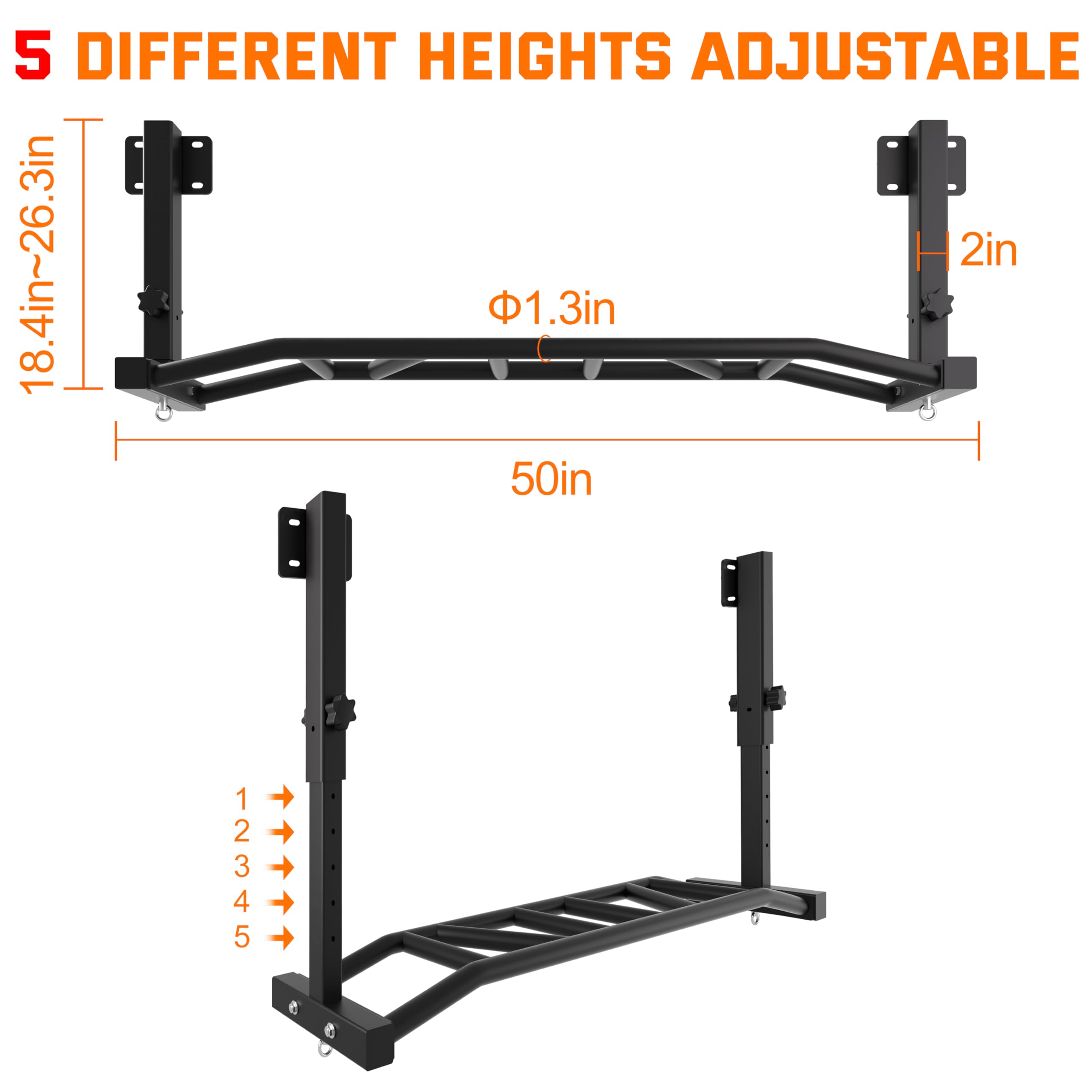 HWOOUSA 2025 Upgrate Pull Up Bar Joist Mounted 600 Lbs Adjustable Heavy Duty Chin Up Bar for Garage, Basement, Beam, Rafter Installation, Multi Grip Pullbar with 14 Grip Positions Versatile Workouts