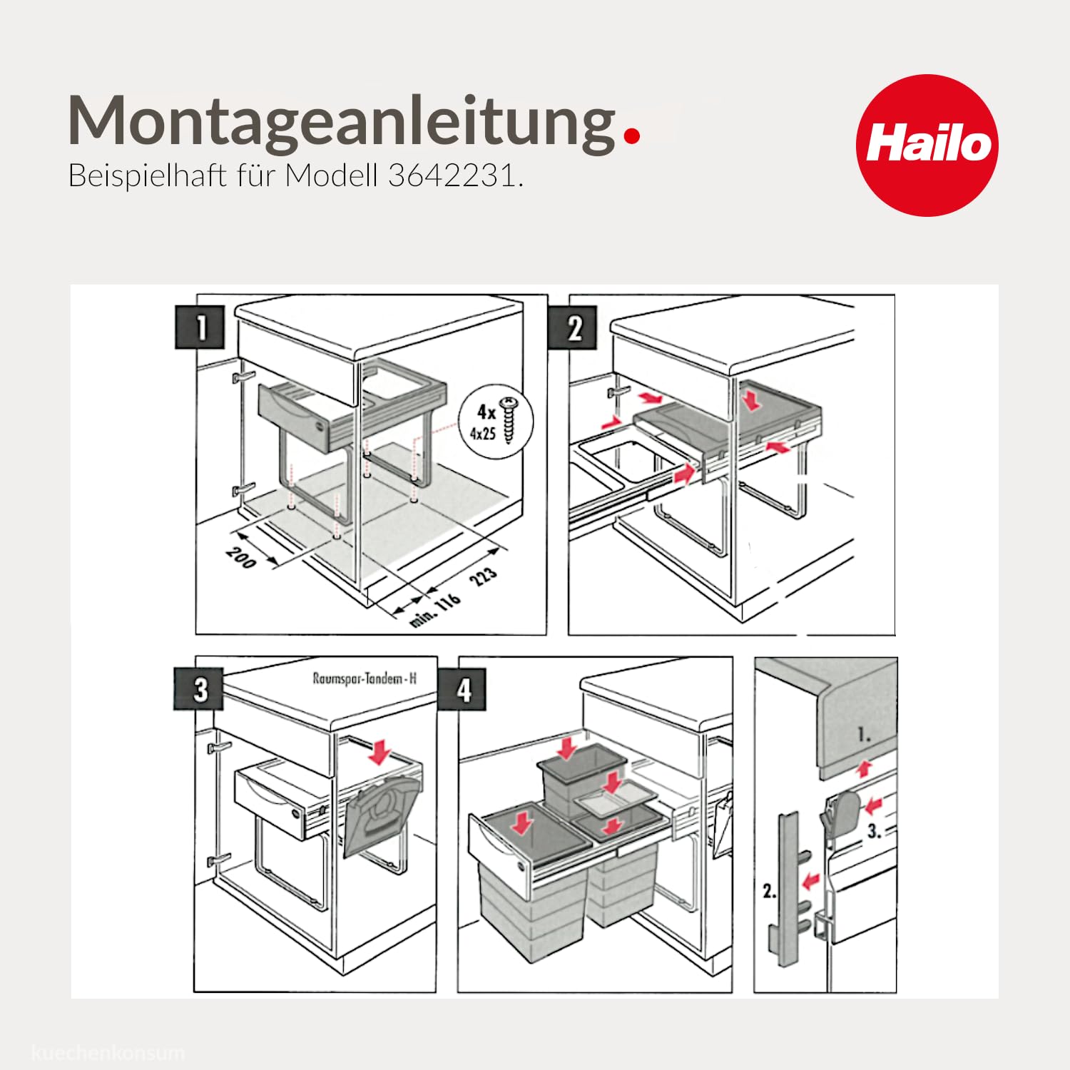 Hailo Abfallsammler 3641221 | TR Swing Raumspar-Tandem-H | Einbaumülleimer 2x 20 Liter | Abfalltrennsystem ab 40er Unterschrank | Vollauszug per Hand | Platzsparender Mülleimer für die Küche