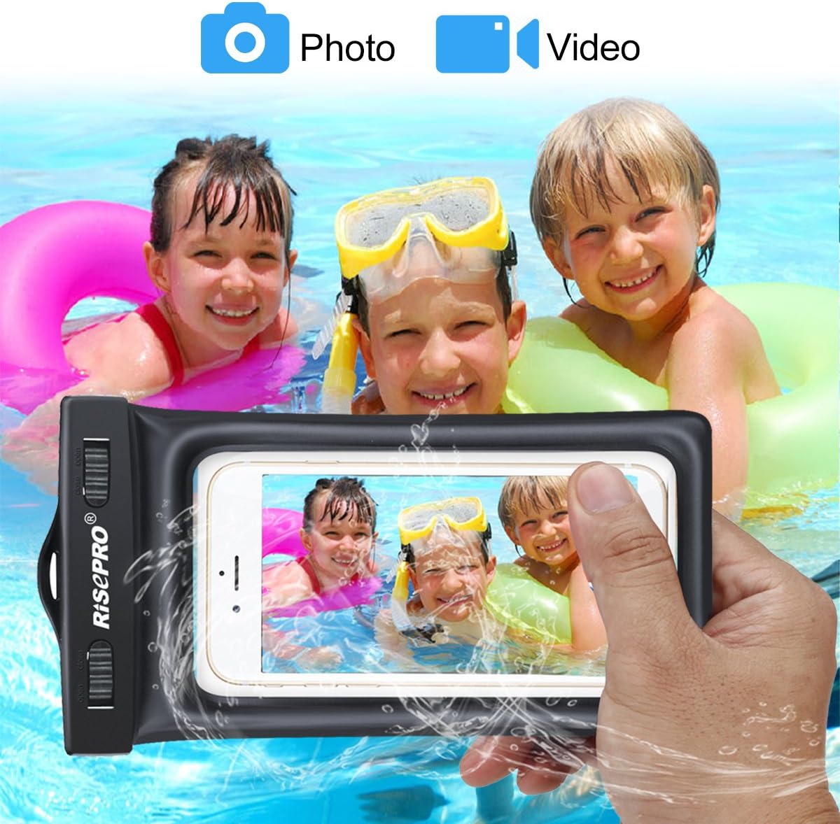 Children swimming while an adult takes an underwater photo with RISEPRO Waterproof Case