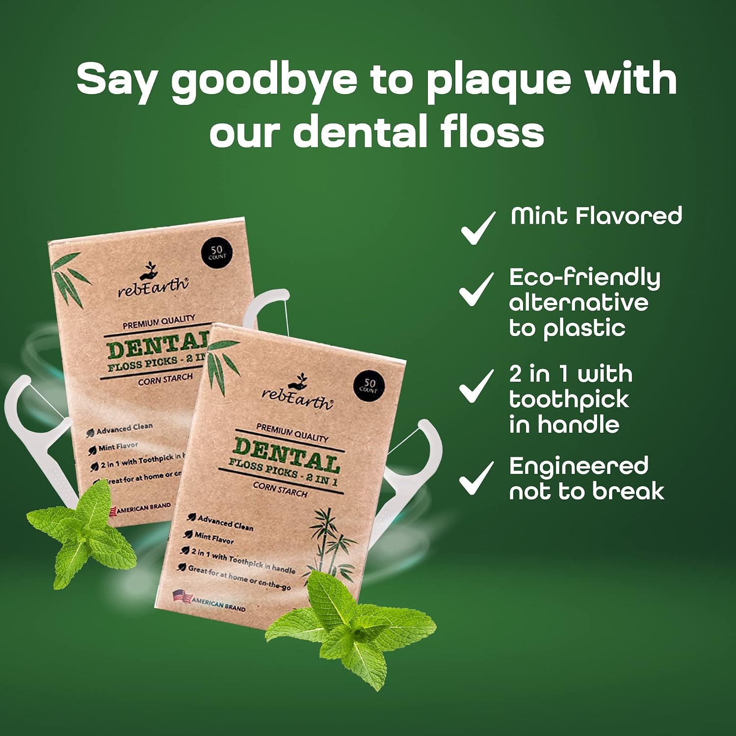 rebEarth Compostable Floss Picks 200 Count — Plant-Based Dental Floss Picks with Tongue Cleaner, Mint-Flavored — 2-in-1 Natural Floss and Toothpicks for Adults, Biodegradable Oral Care