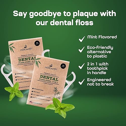 Miniatura 5 de rebEarth Púas de hilo dental natural, púas dentales para el cuidado bucal con palillos de dientes con sabor a menta, hilo dental y palillos de