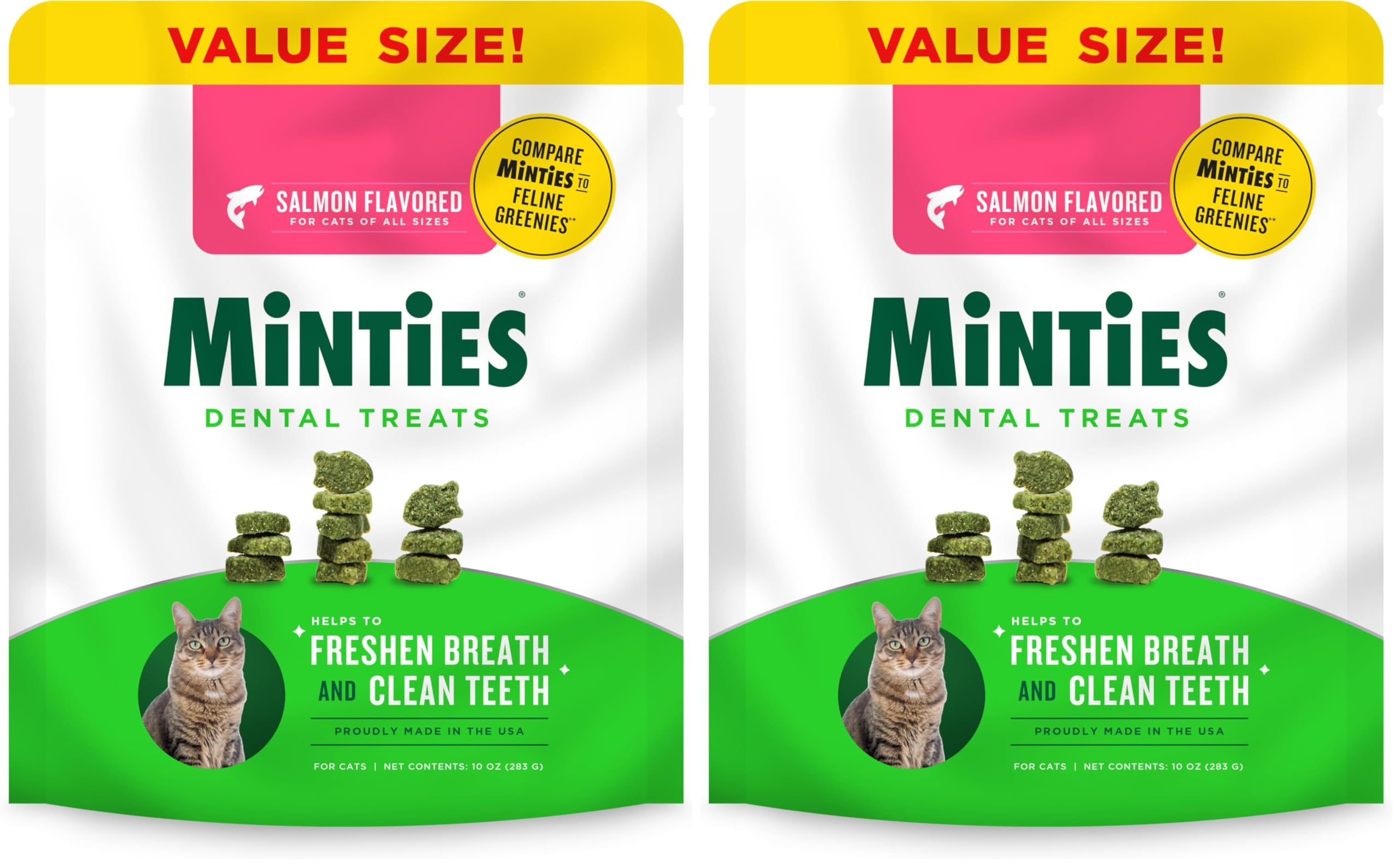 Minties Dental Treats for Cats, Salmon Flavor | 10oz | Pack of 2 | Freshens Breath | Controls Tartar