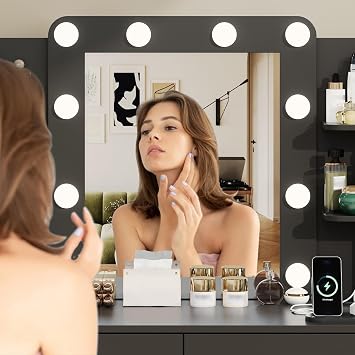 Halitaa Vanity Desk with Mirror and Lights, Makeup Vanity Table Set with 2 Drawers & Chair, 3 Lighting Modes & Adjustable Brightness Dressing Table with Power Outlet for Bedroom Dressing Room, Black